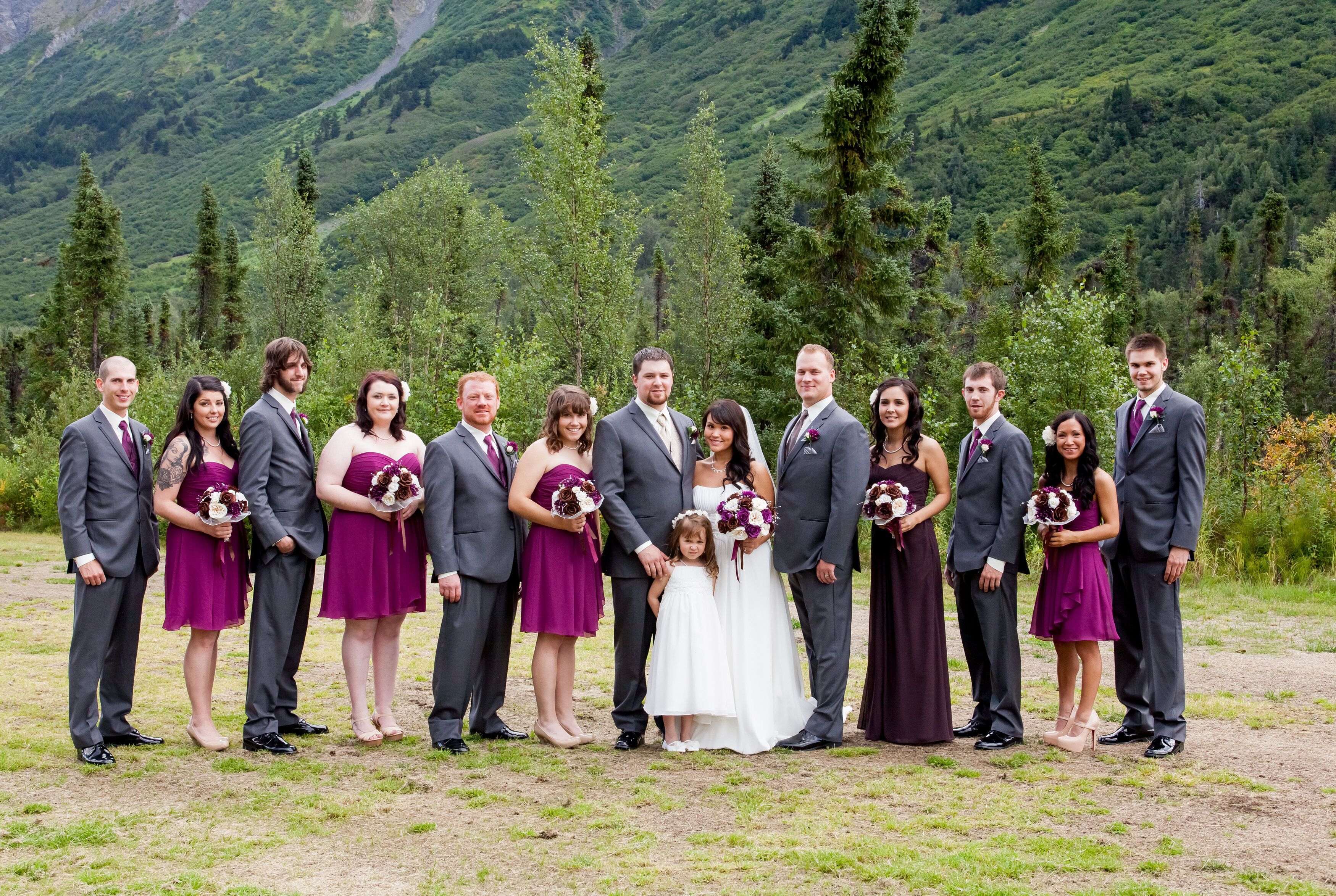 Purple Bridesmaid Dresses And Gray Suits 4