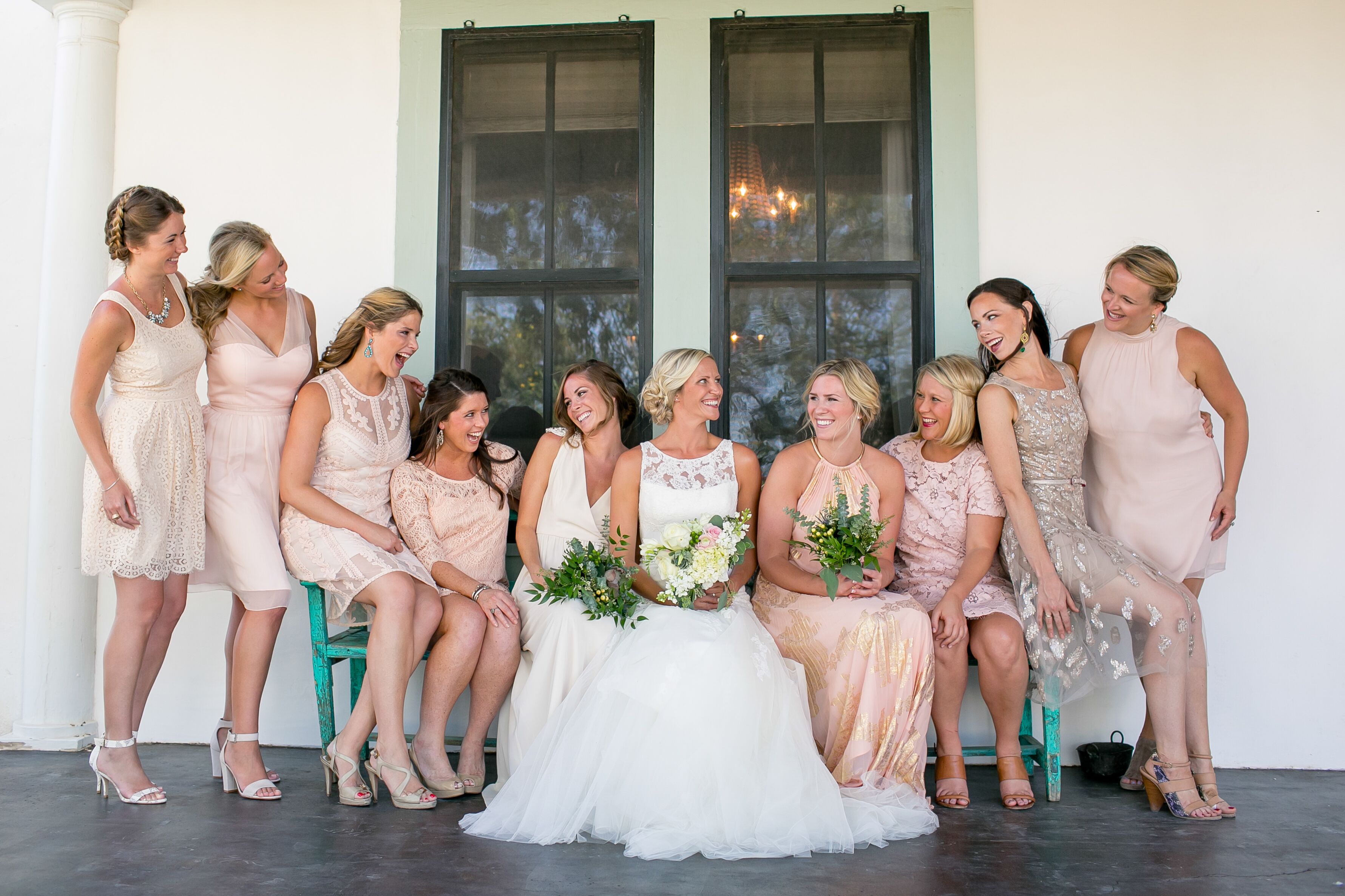 Mismatched Blush Bridesmaid Dresses And Nude Heels