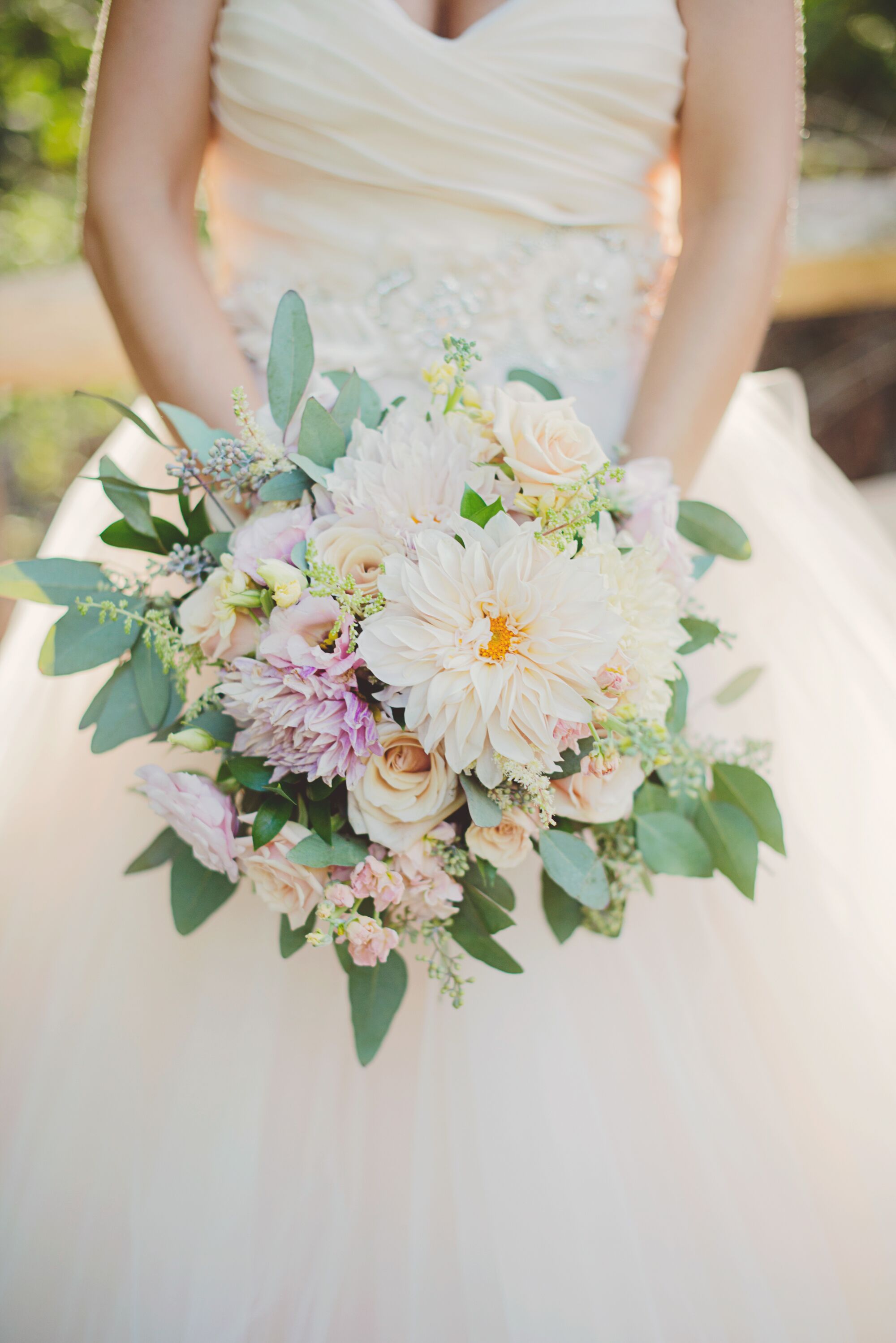 Muted Green and Blush Bouquet with Dahlias