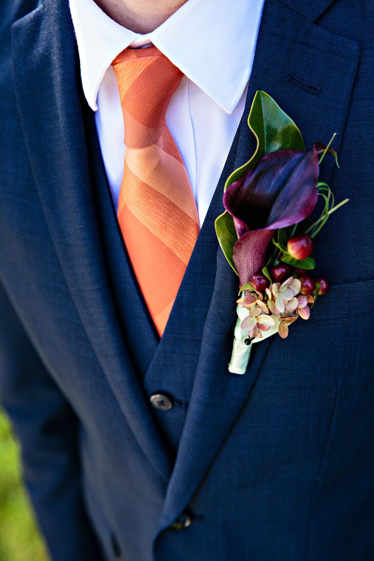 Orange Tie And Purple Cala Lily Boutonniere