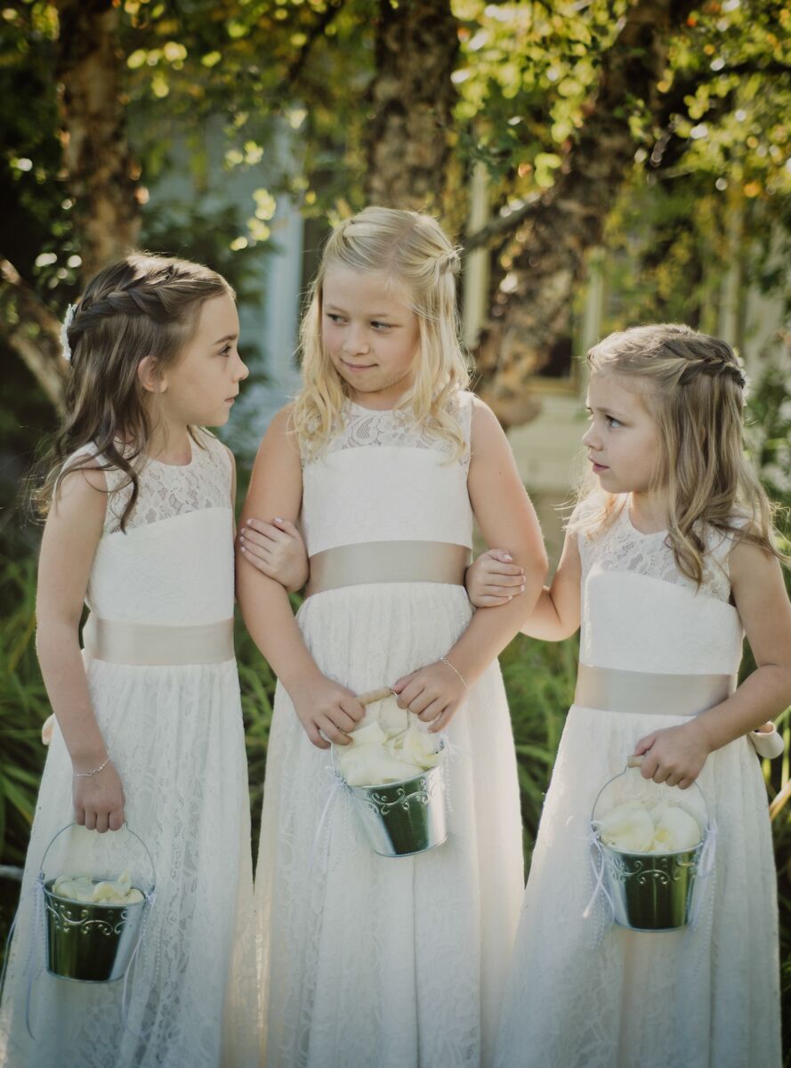 Illusion Neckline Flower Girl Dresses with Taupe Sashes and Half Up Hairstyles