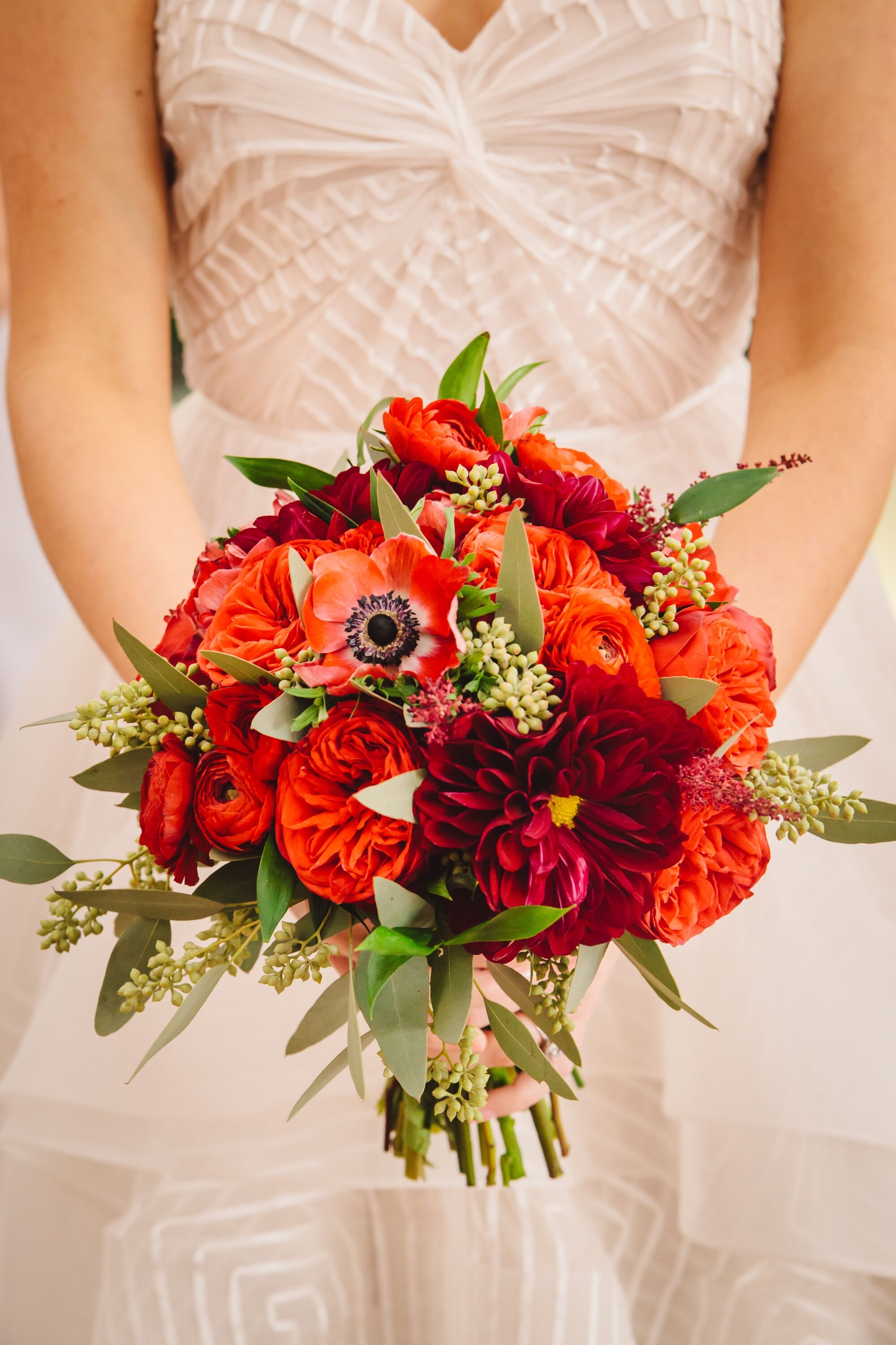 Red Bridal Bouquet with Anemones Garden Roses and Dahlias