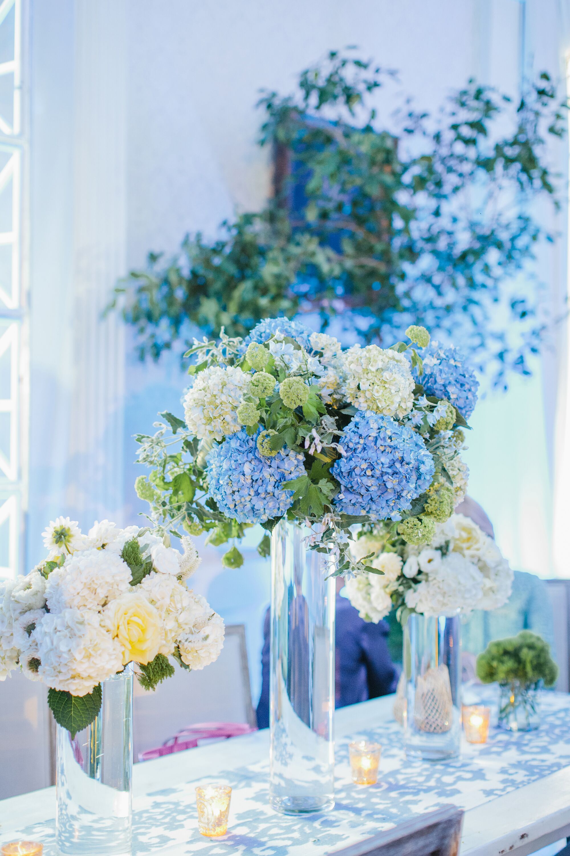 Tall Blue and White Hydrangea Centerpieces