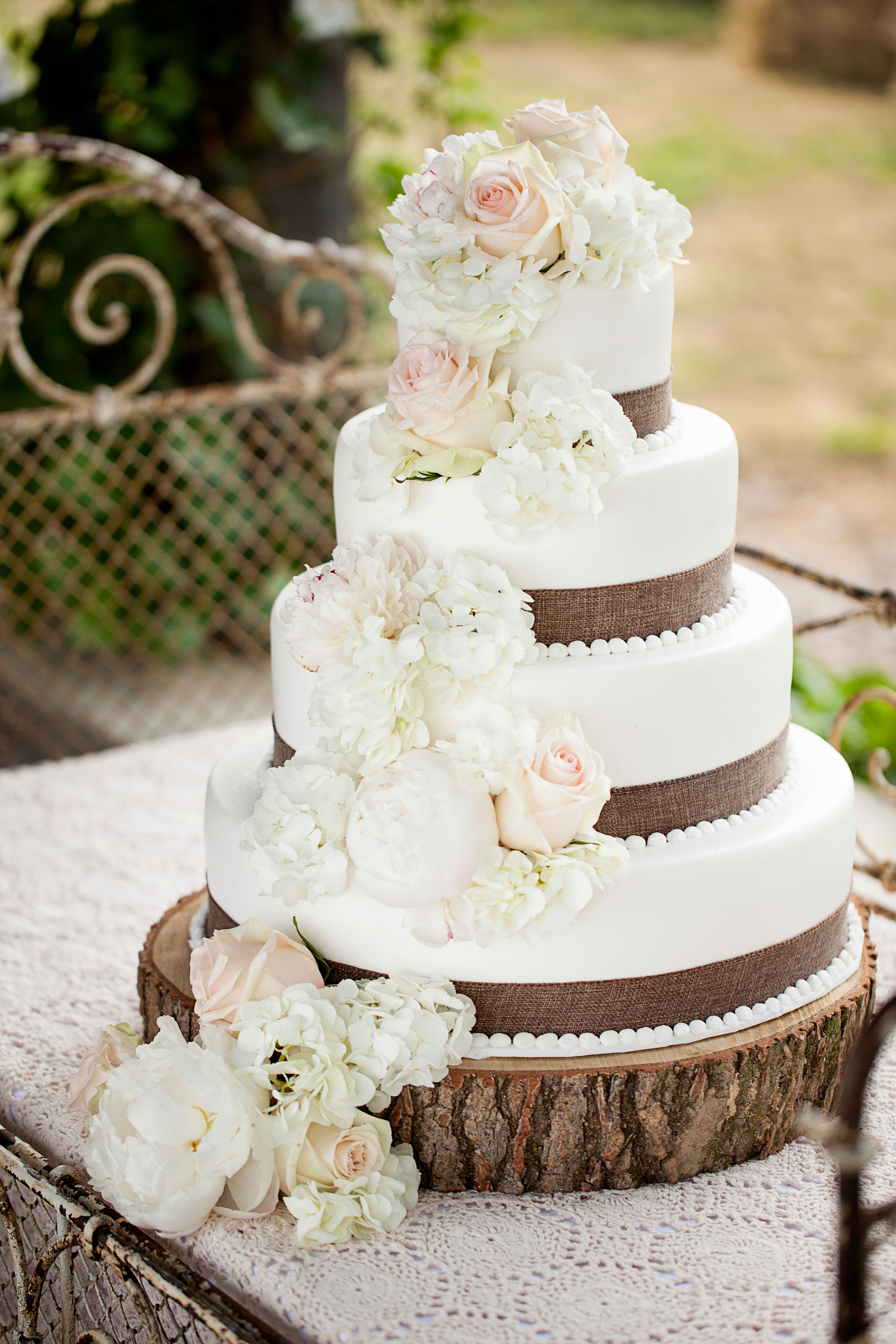 Round Wedding Cake  With Cascading Hydrangeas