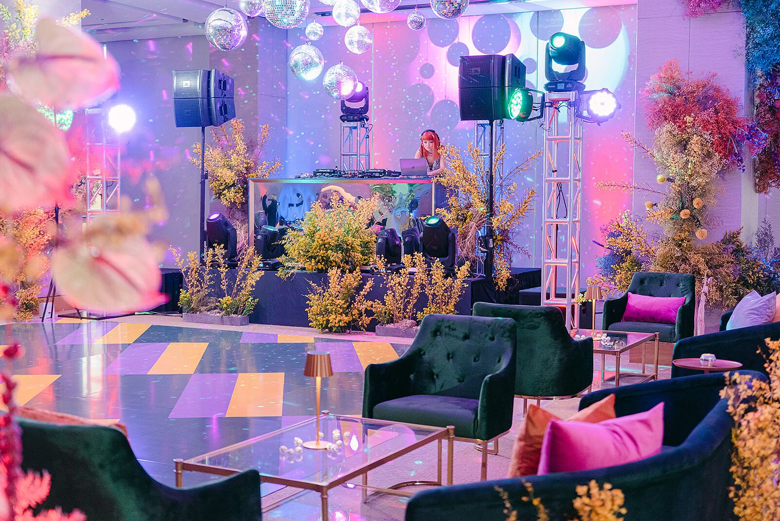 Colorful Disco Reception Dance Floor, Disco Balls, Lounge Furniture ...