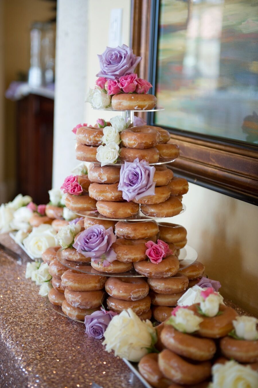 Glazed Doughnut Dessert Tower With Roses