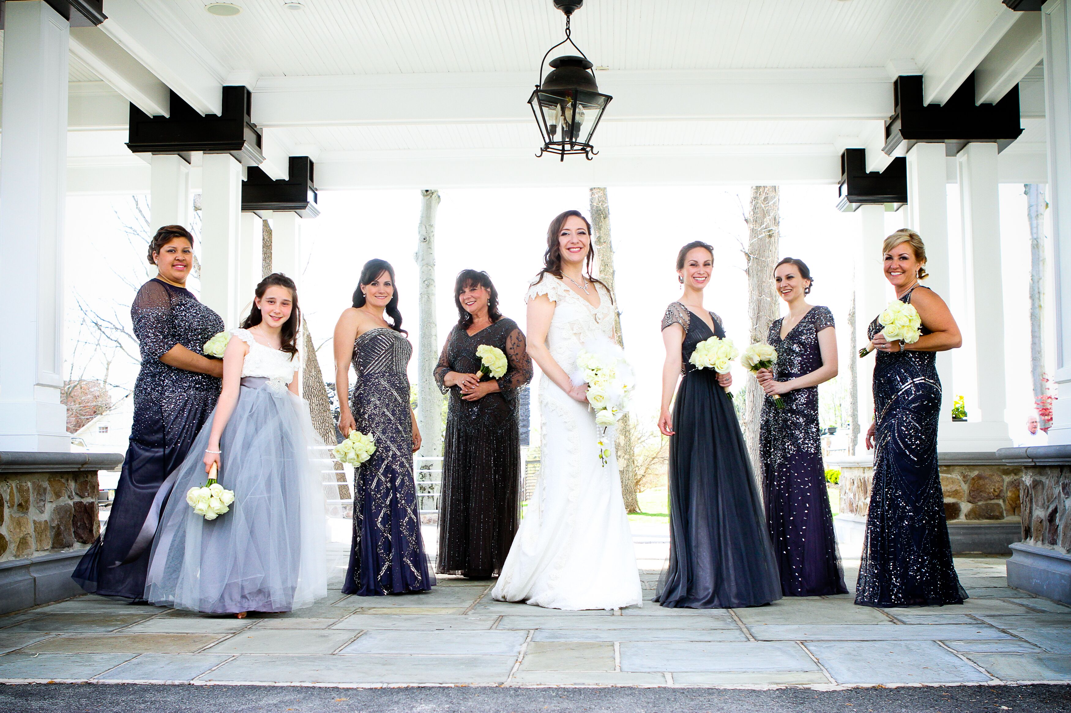 silver and navy bridesmaid dresses