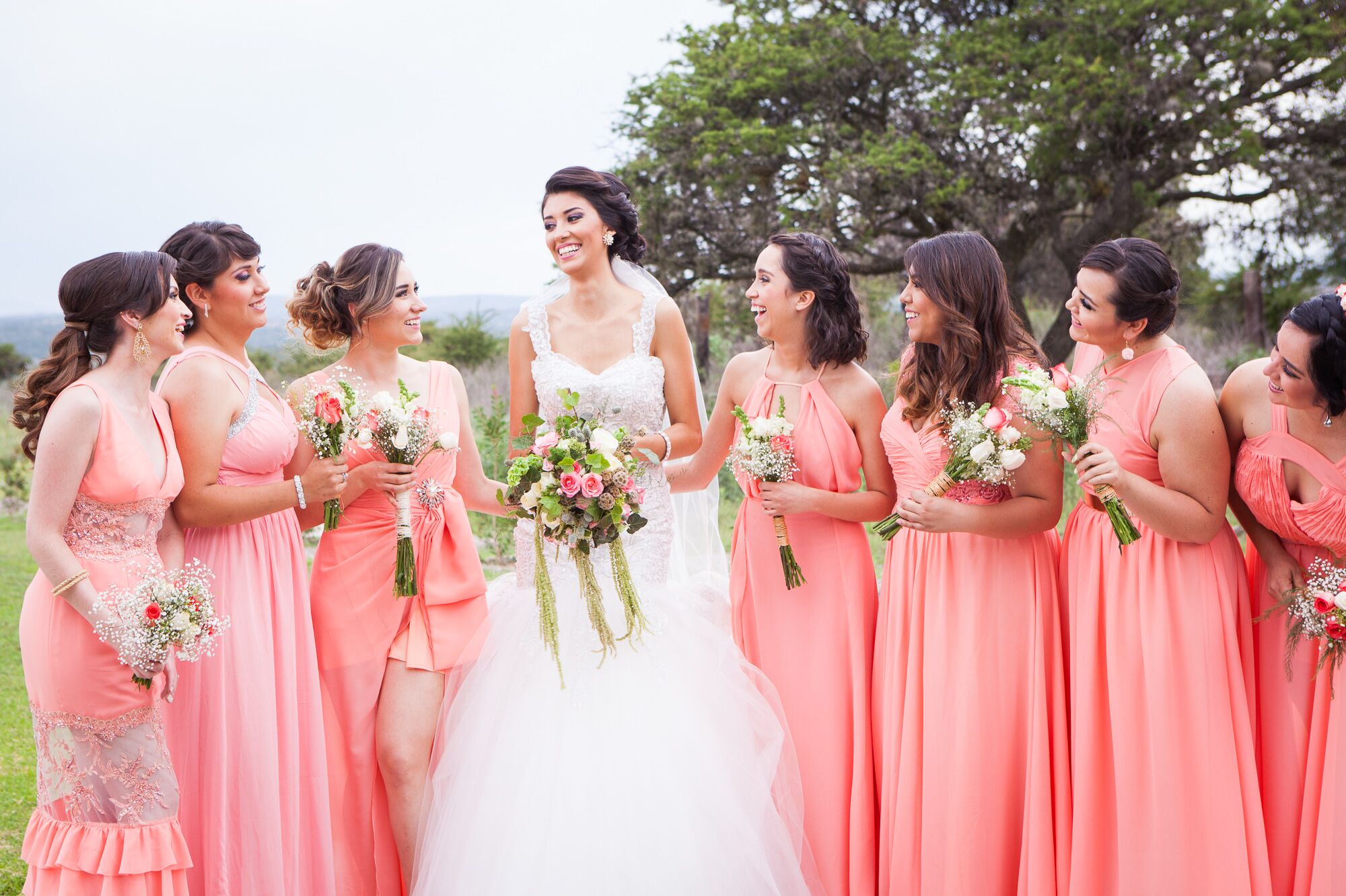 Floor-Length Coral Bridesmaids Dresses