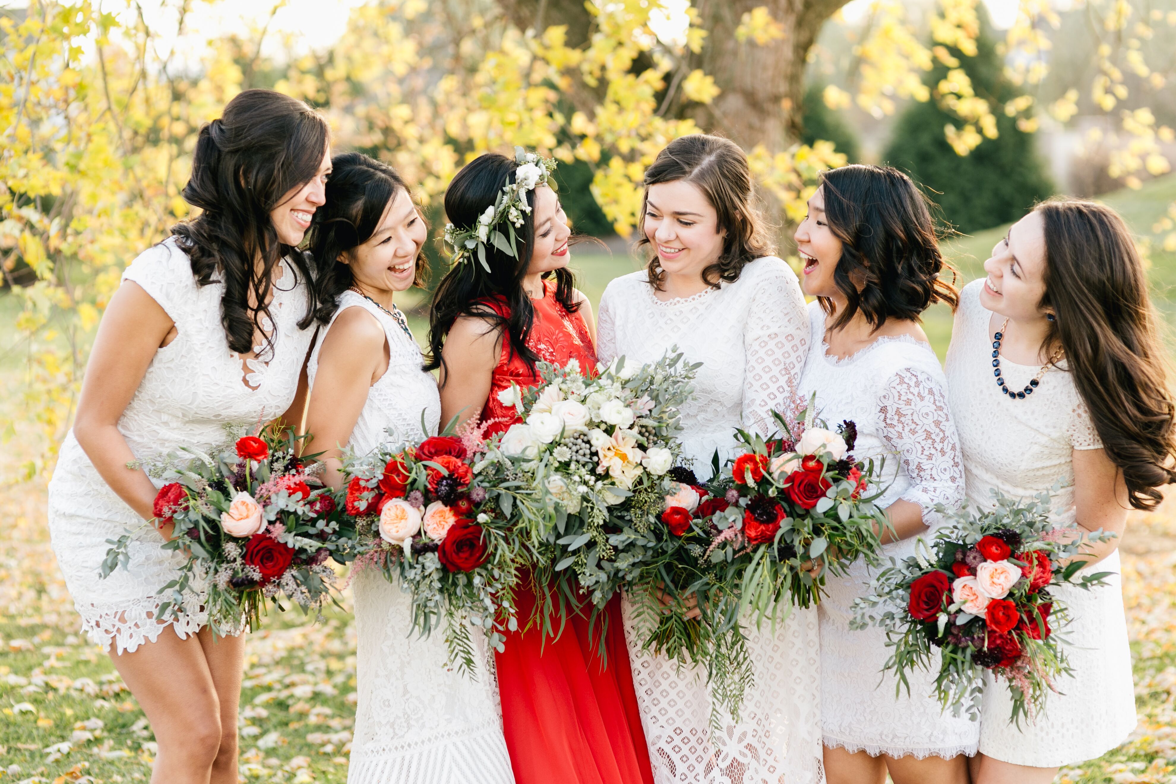 Bridesmaids in White Lace Dresses