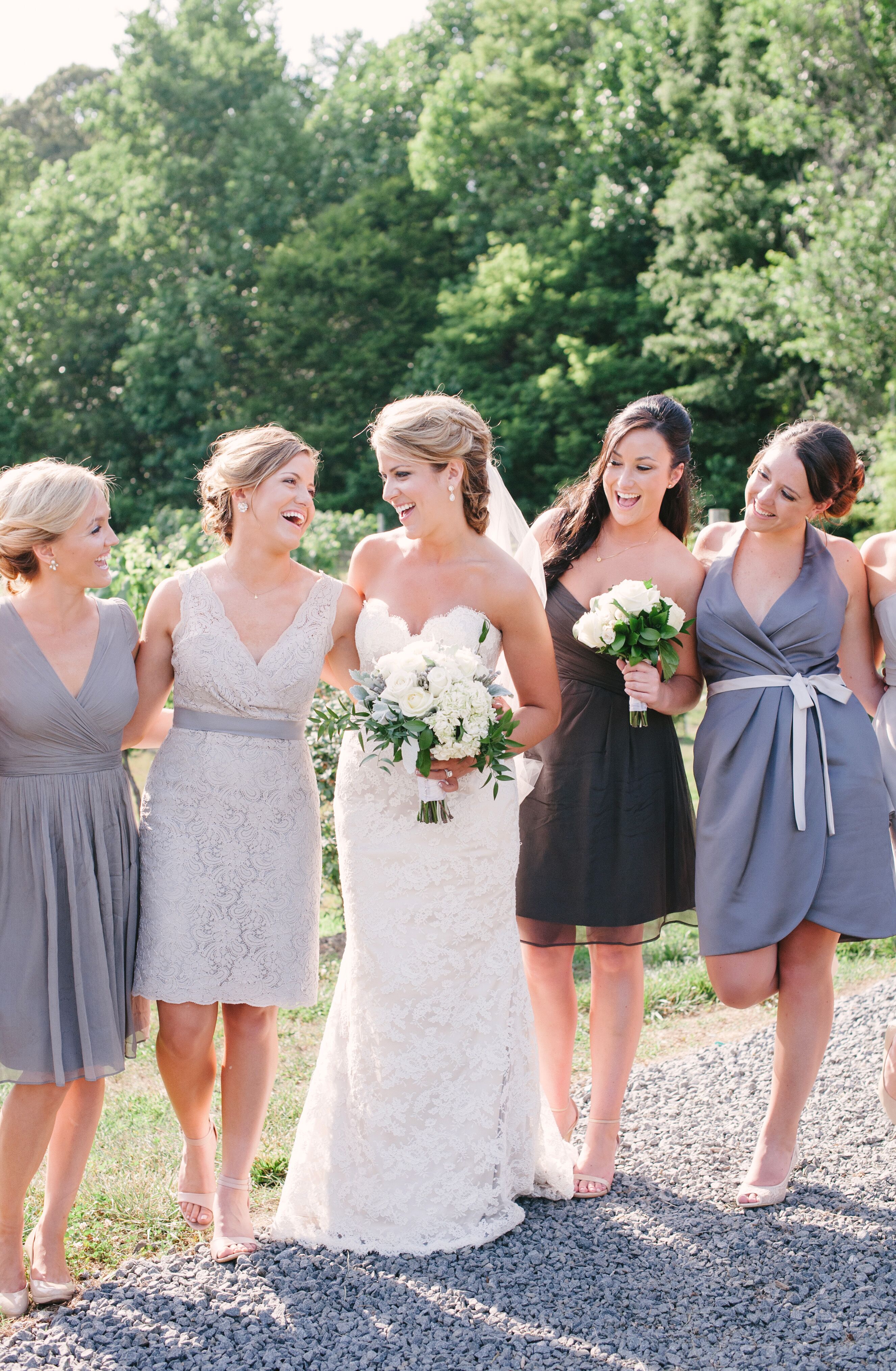 Bridesmaids in Different Gray Dresses