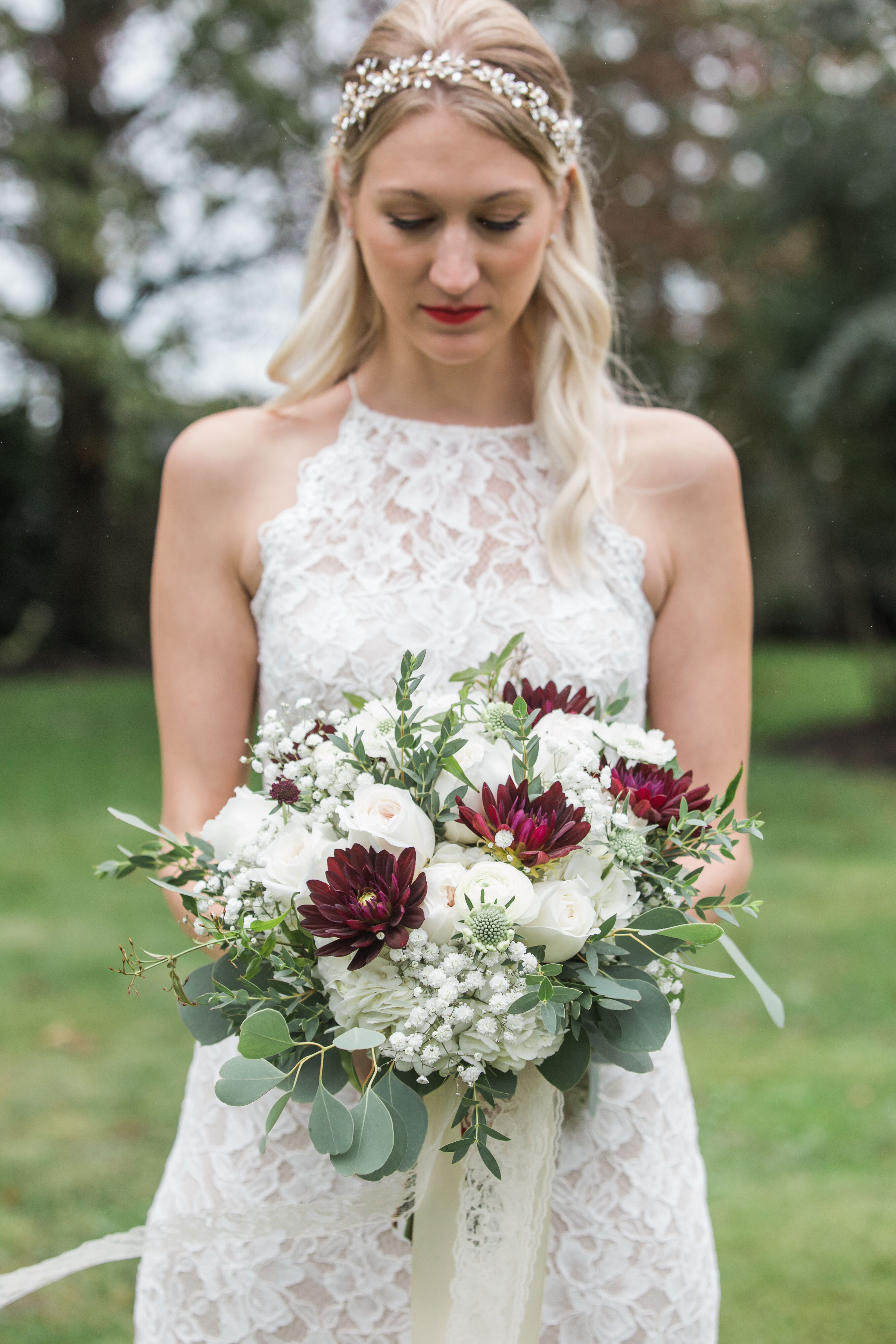 White Roses, Baby's Breath and Burgundy Dahlias