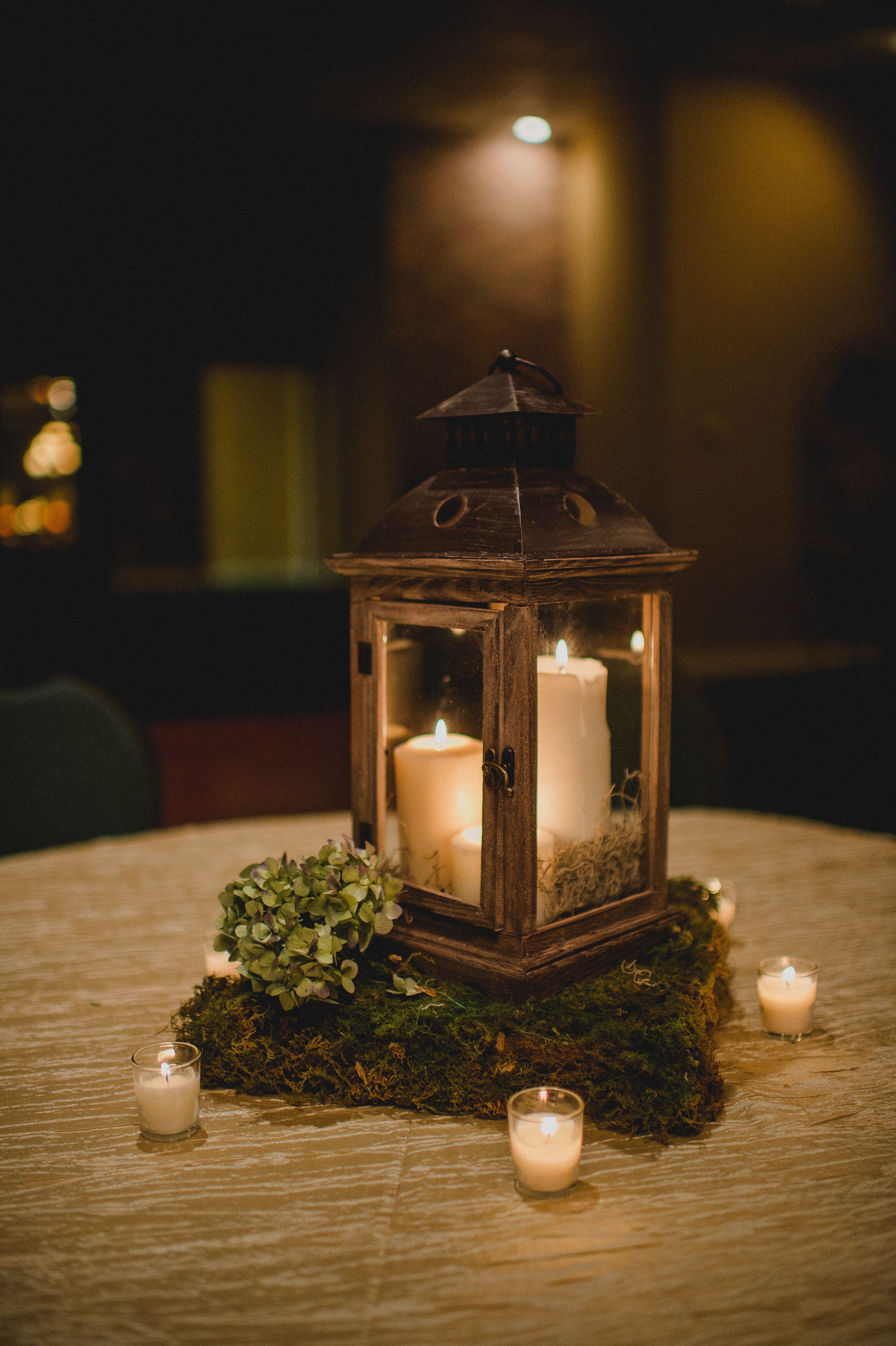 Wooden Lantern Centerpiece With Moss Stand