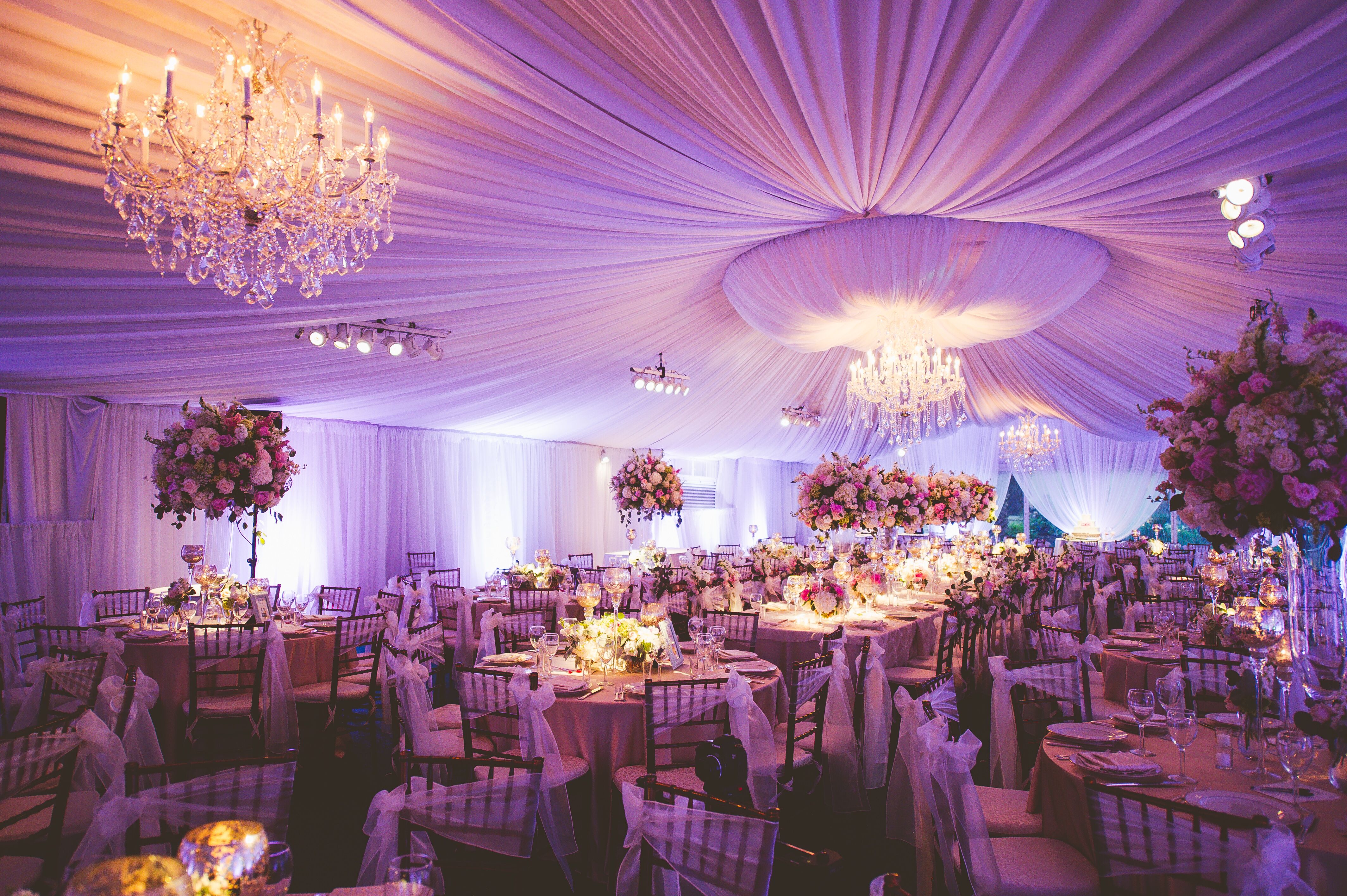 Romantic, Elegant Reception Tent with Crystal Chandeliers