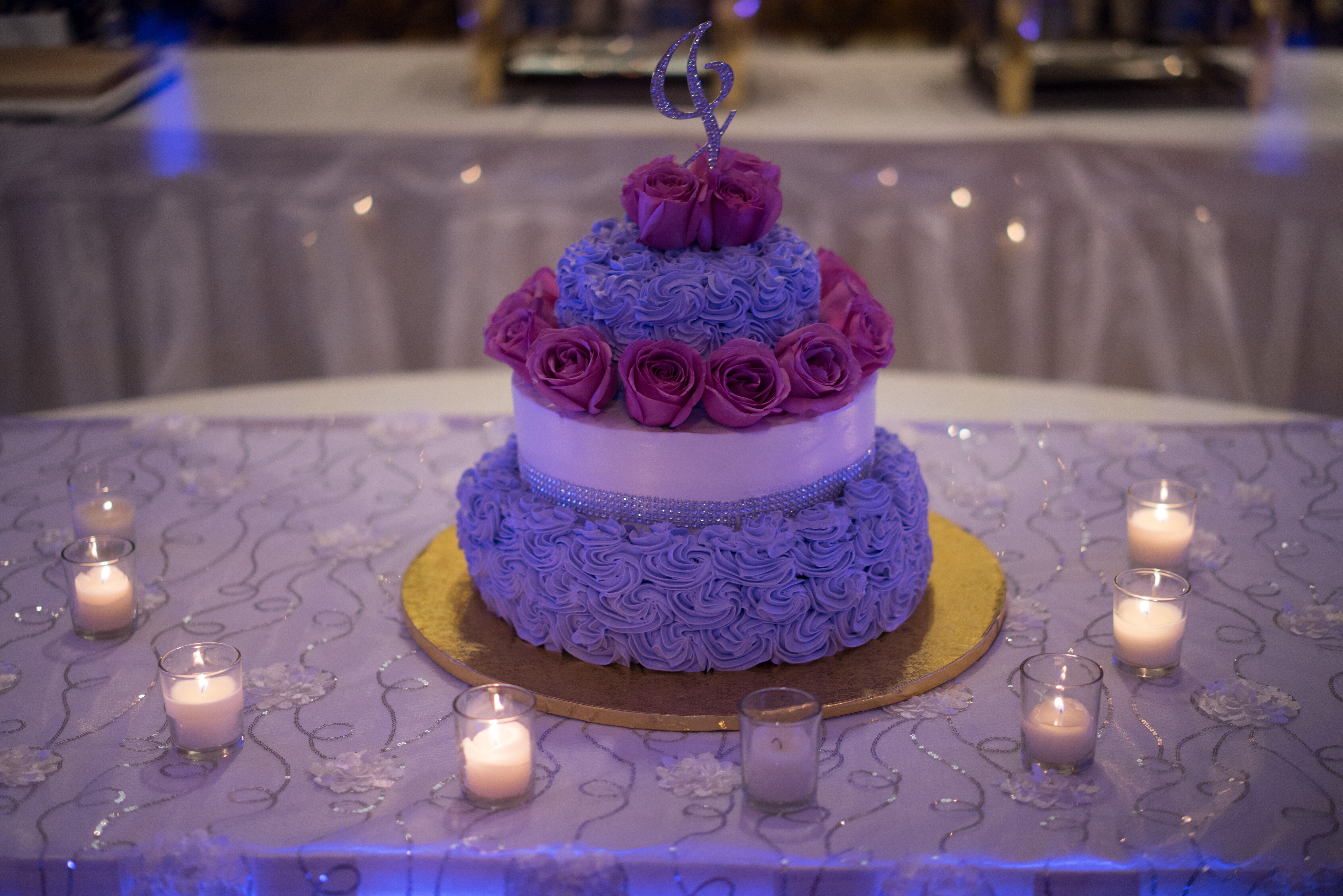 Purple and Blue Wedding Cake with Rose Details