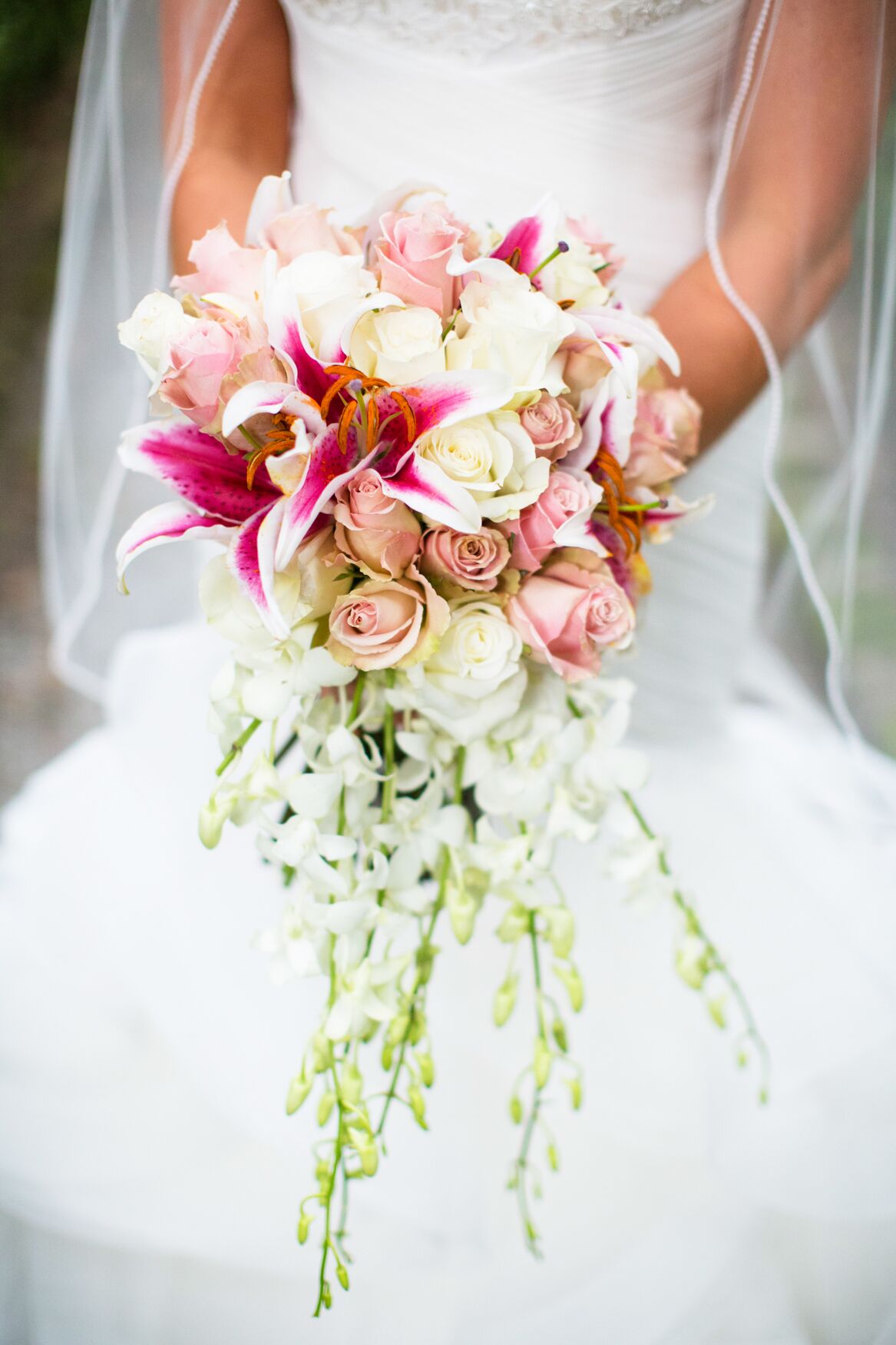 Pink Lily and Rose Cascading Bridal Bouquet