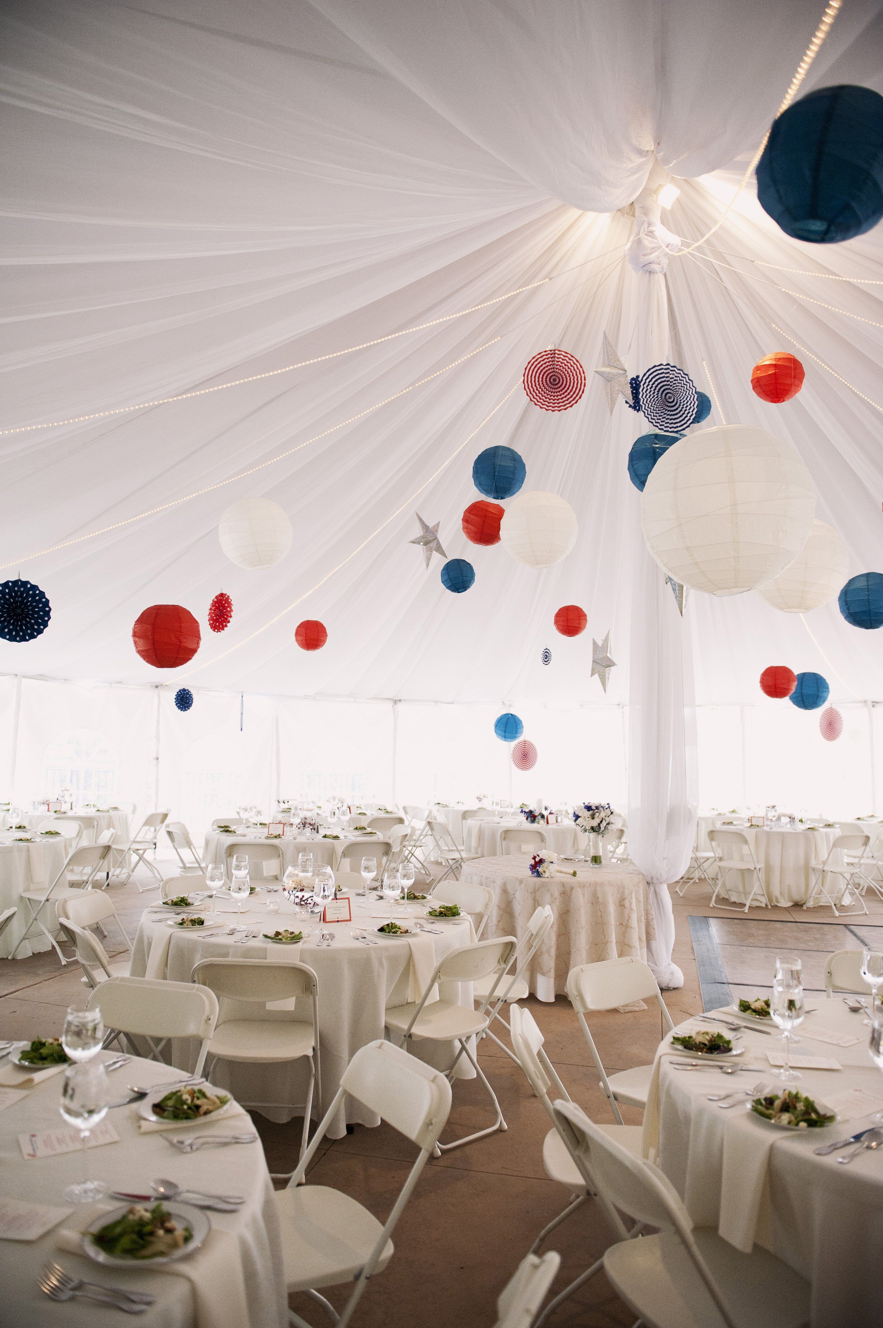 red white and blue paper lanterns