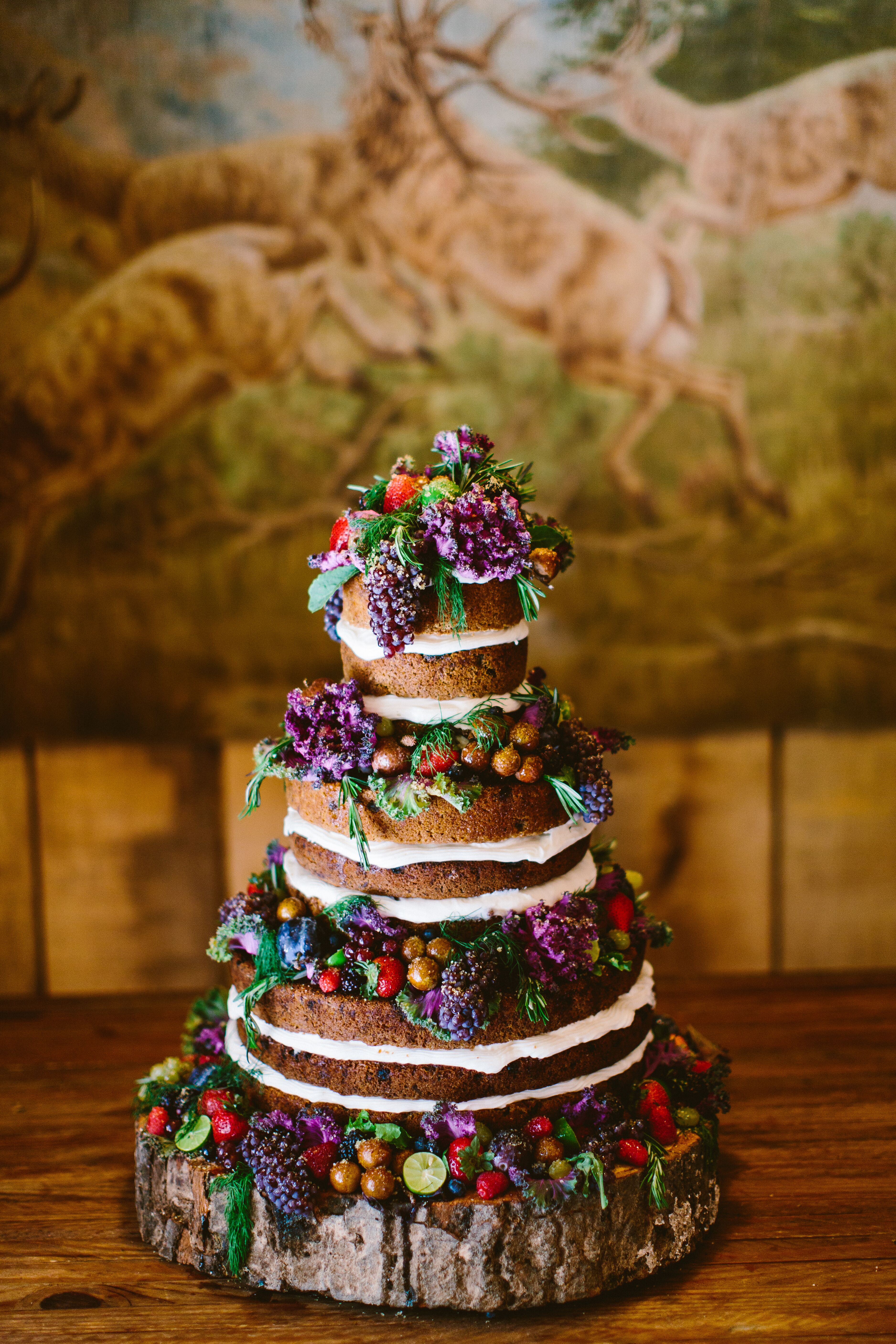 Homemade Naked Wedding Cake with Wood Cake Stand