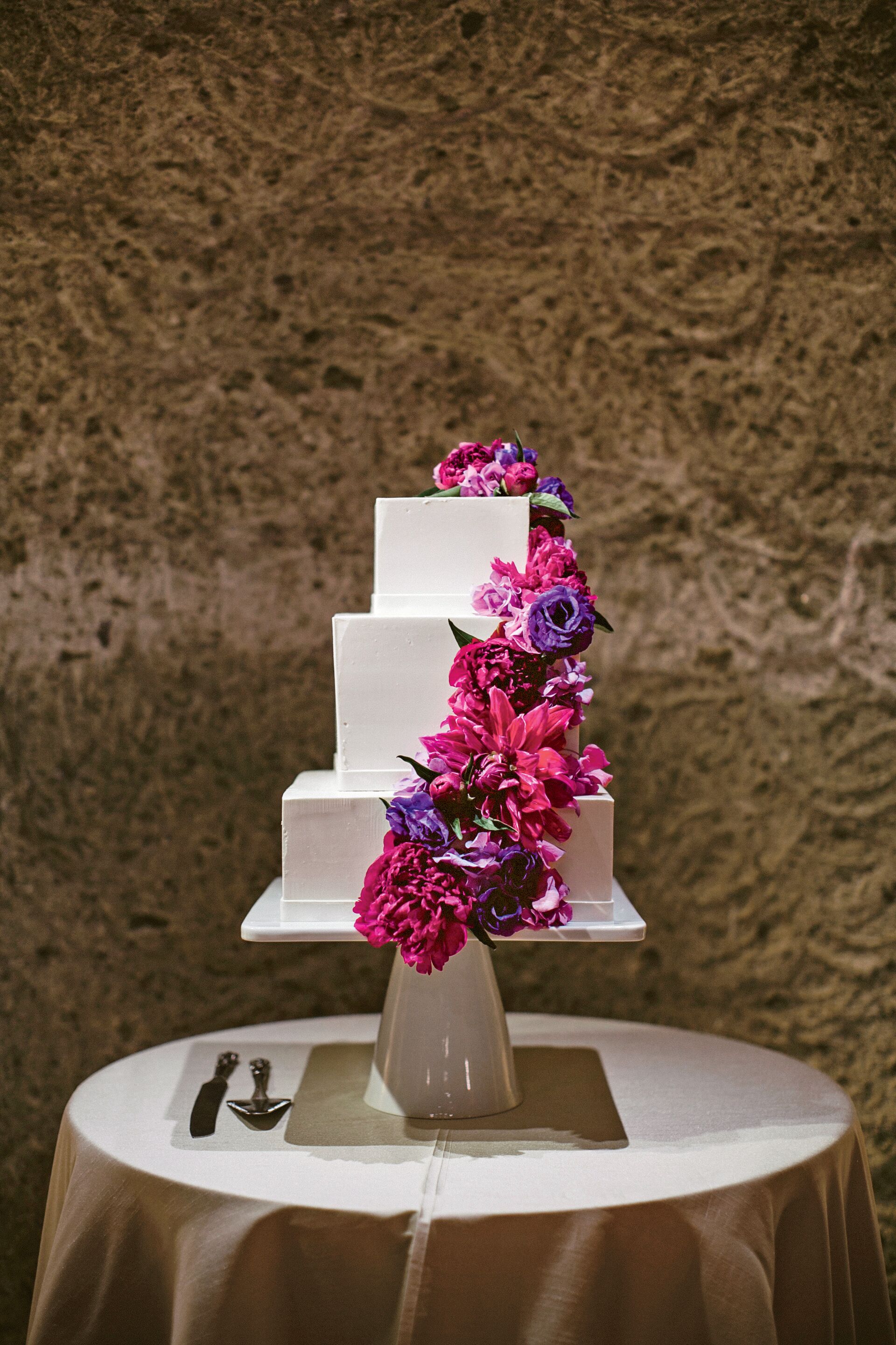 Square Wedding Cake with Purple Flowers