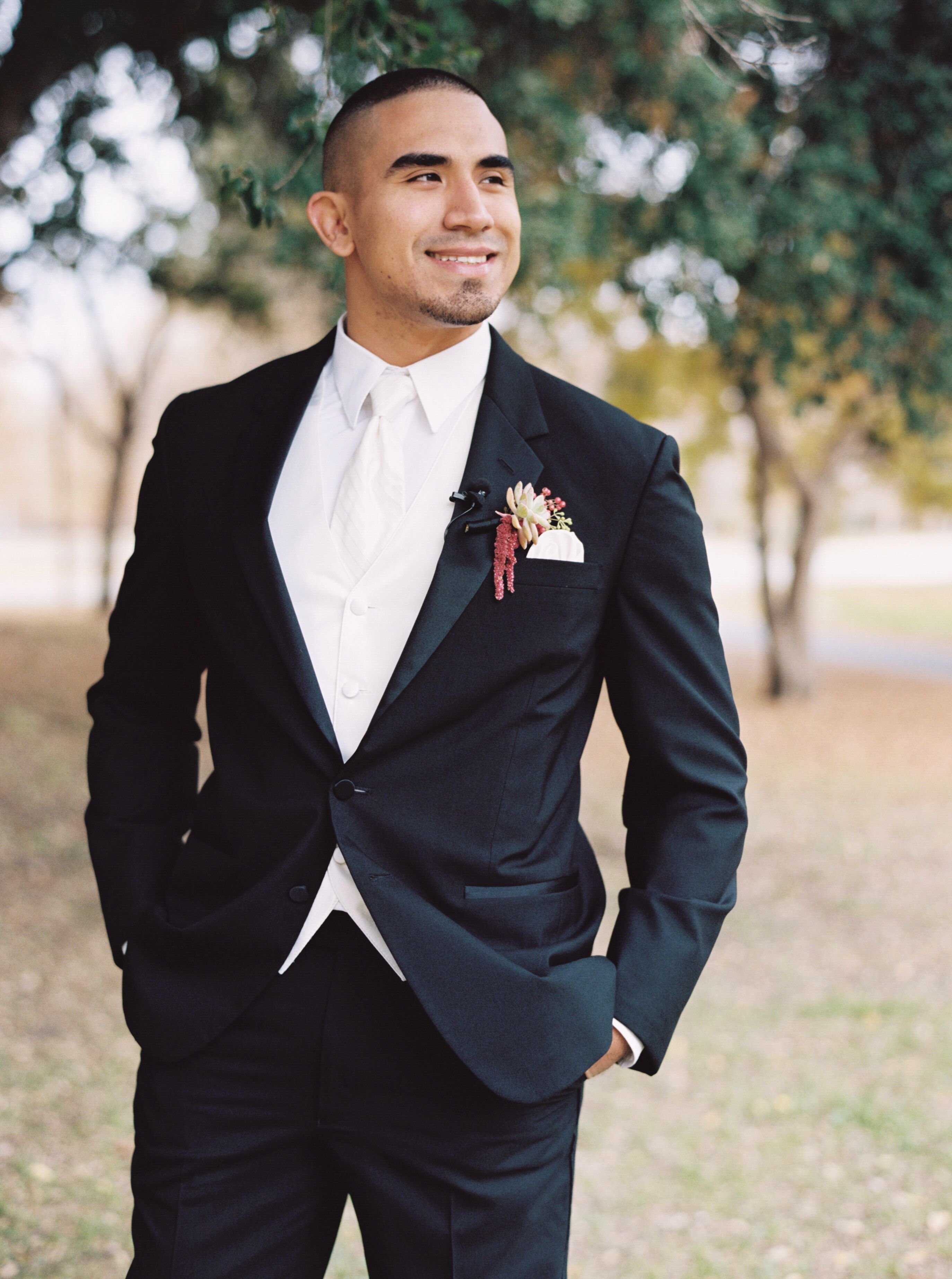 Black suit and store tie for wedding