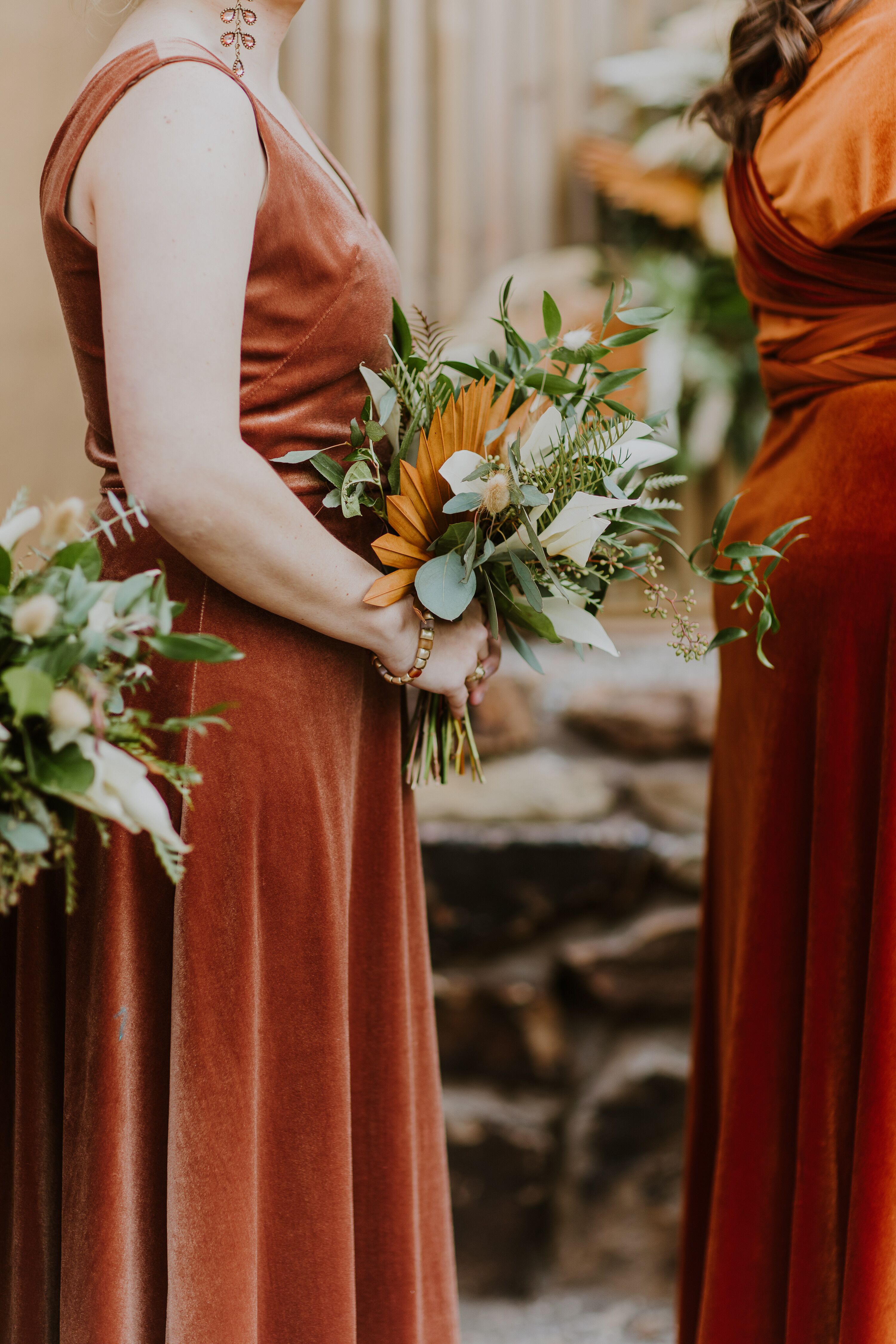 Velvet Bridesmaids Dresses and Rustic Bouquets