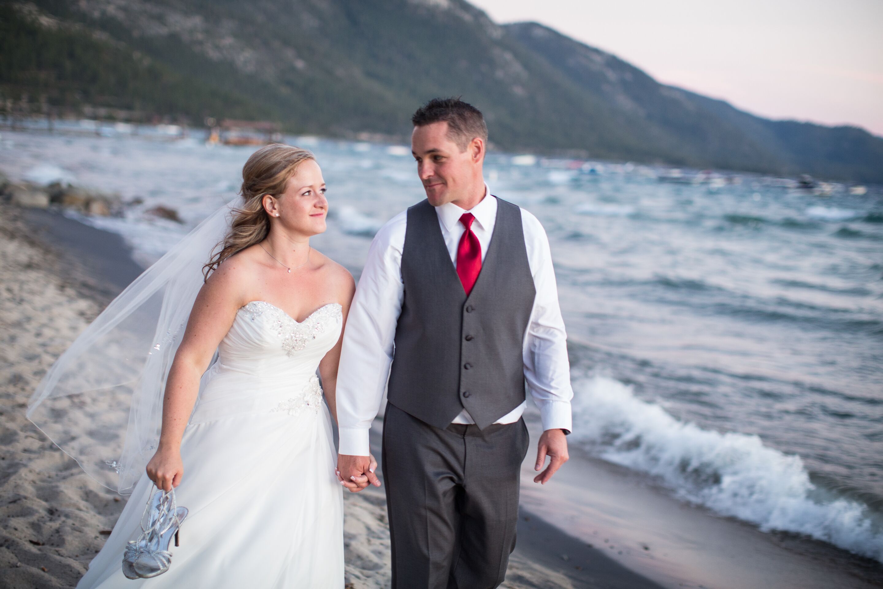 Charcoal Gray Grooms Suit With Red Tie