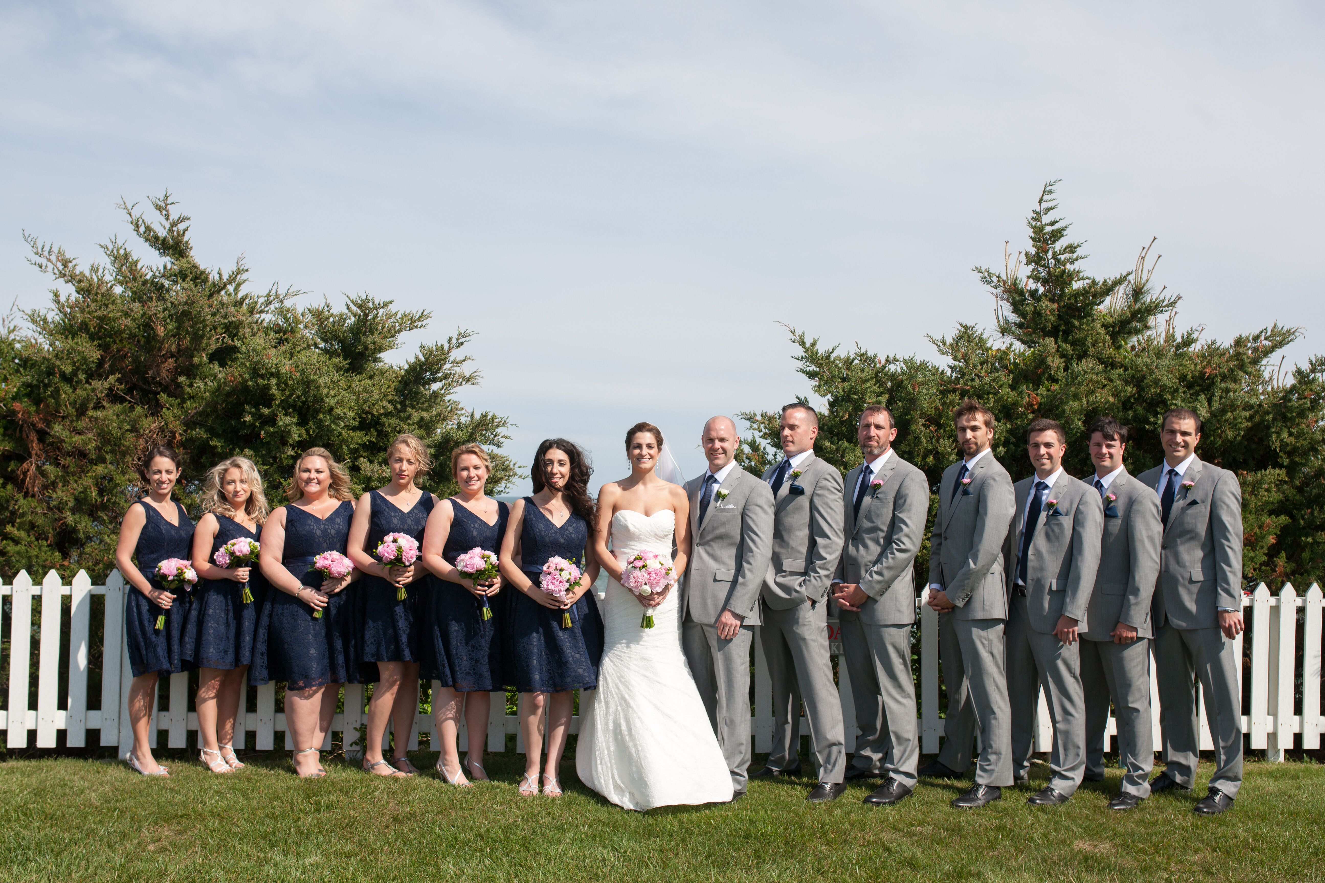 Navy Lace Bridesmaid  Dresses  and Gray Suits 