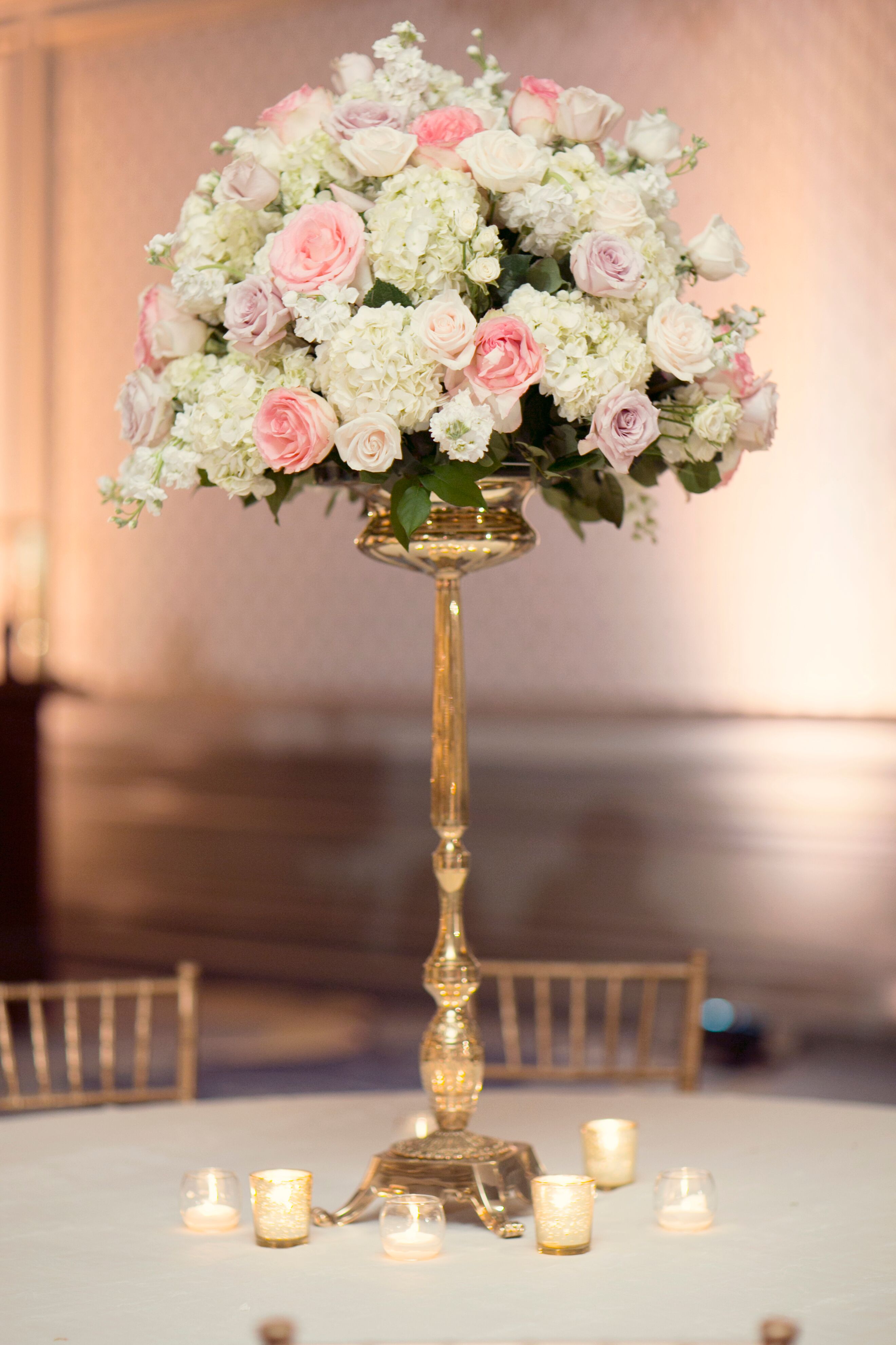 Ivory and Blush Rose Centerpieces of Gold Pedestals