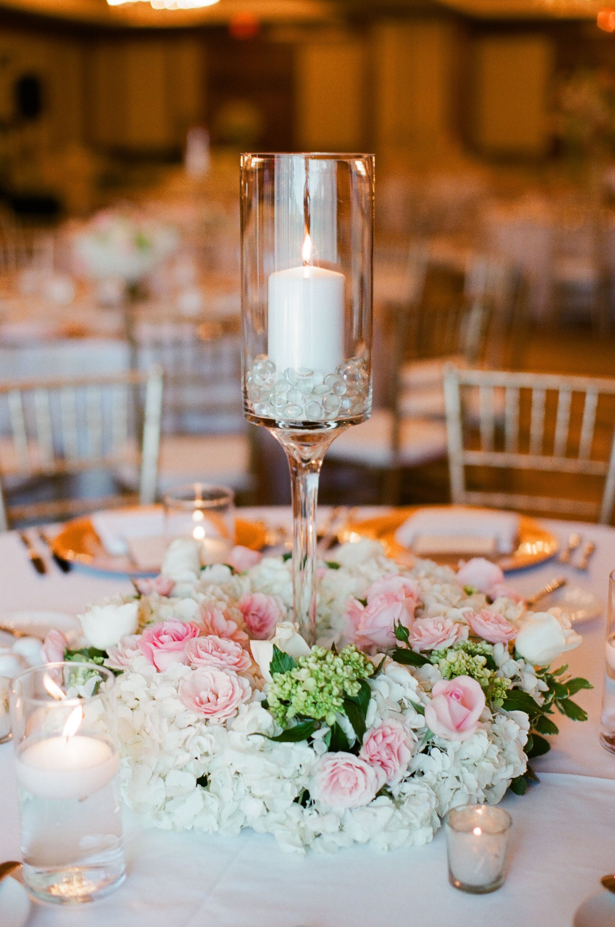 Pillar Candle and Blush Floral Wedding Reception Centerpieces