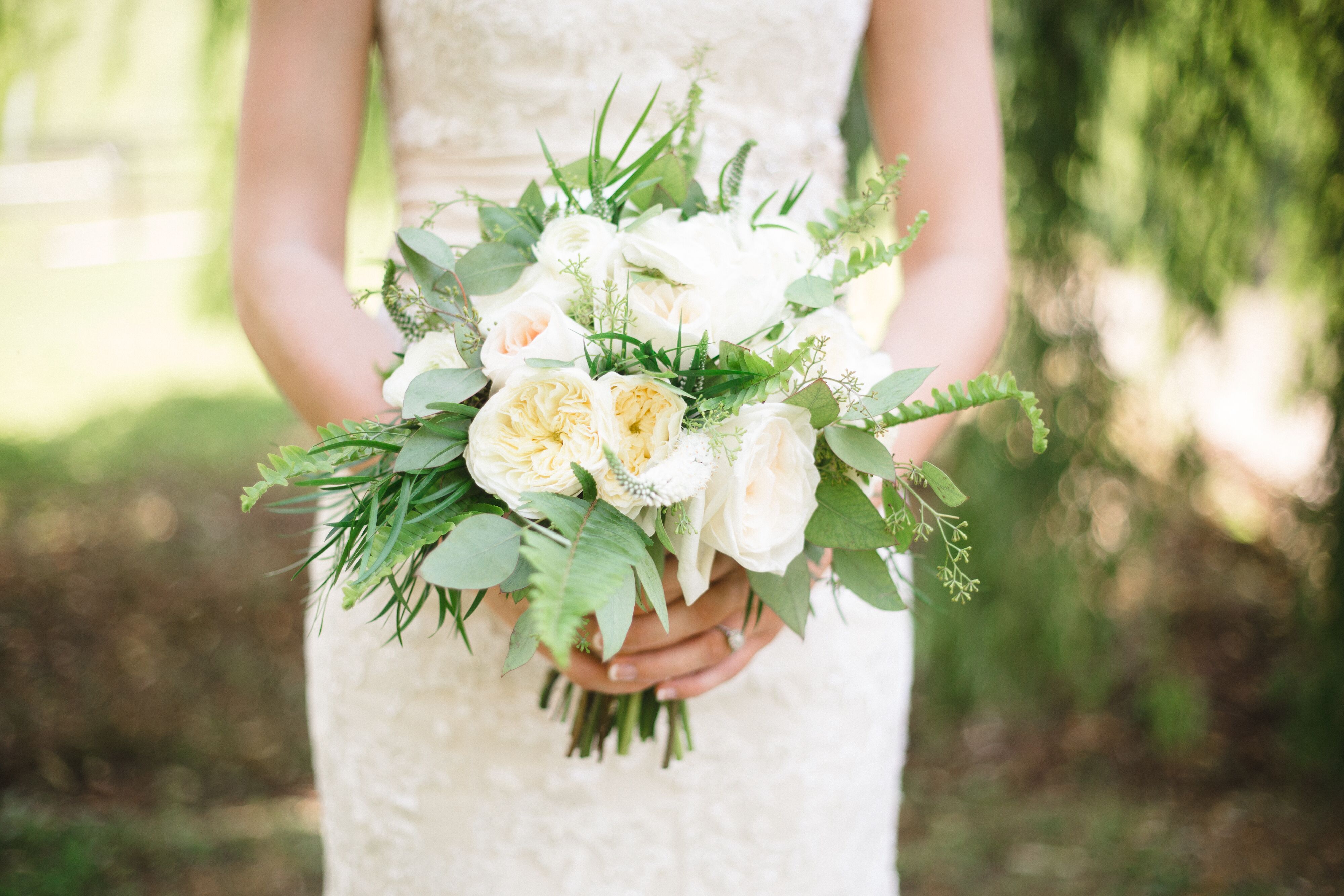 White Garden Rose Seeded Eucalyptus And Fern Bridal Bouquet