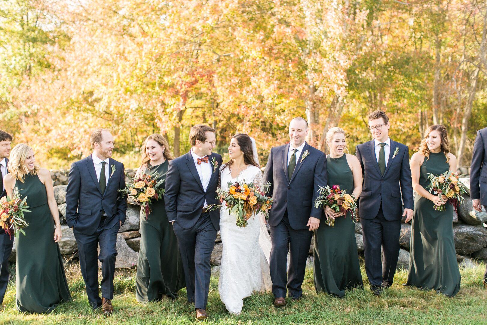 Wedding Party Wore Green Dresses and Black Suits to Pair With the Autumnal  Venue
