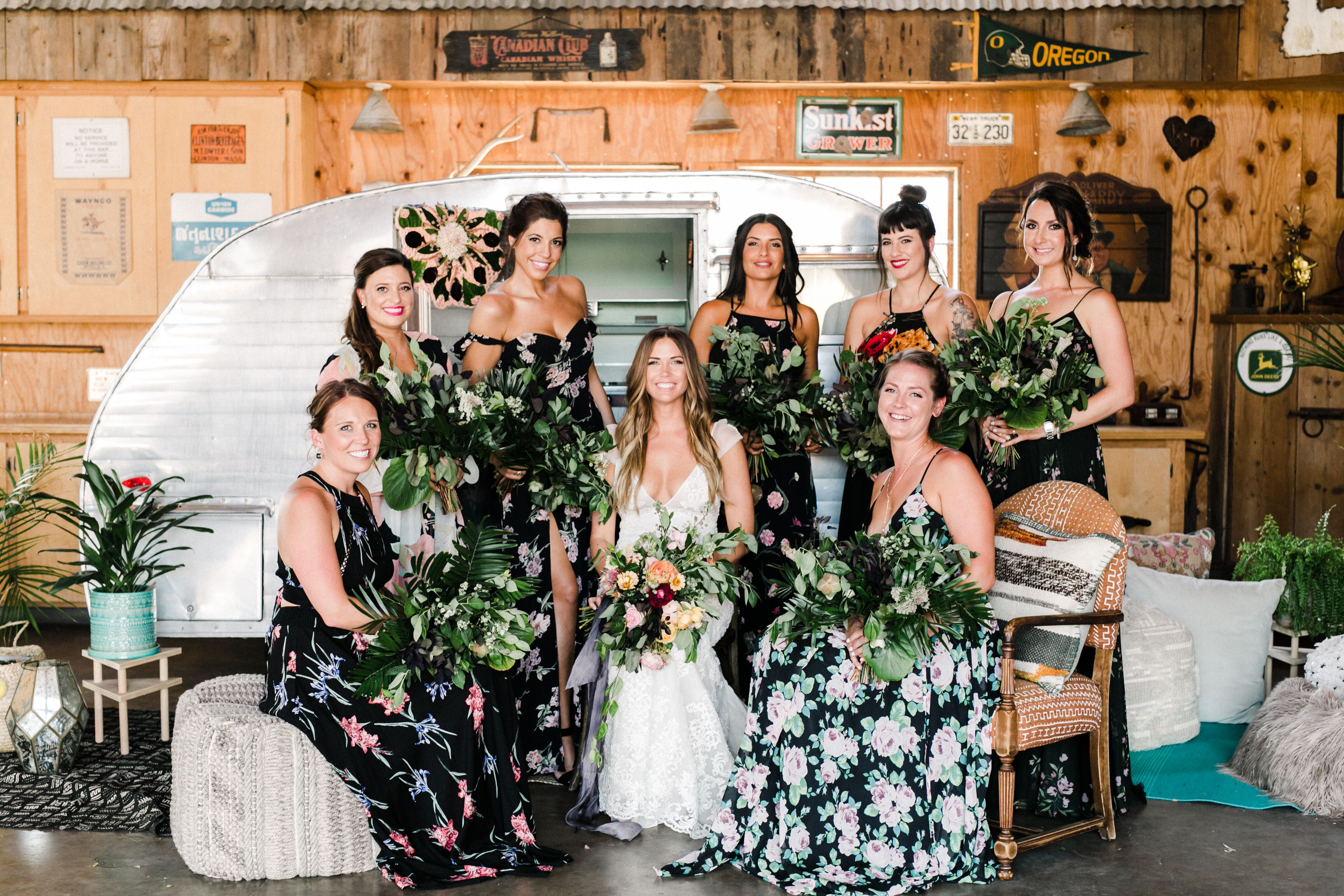 Floral-Print Bridesmaid Dresses and Tropical Bouquets