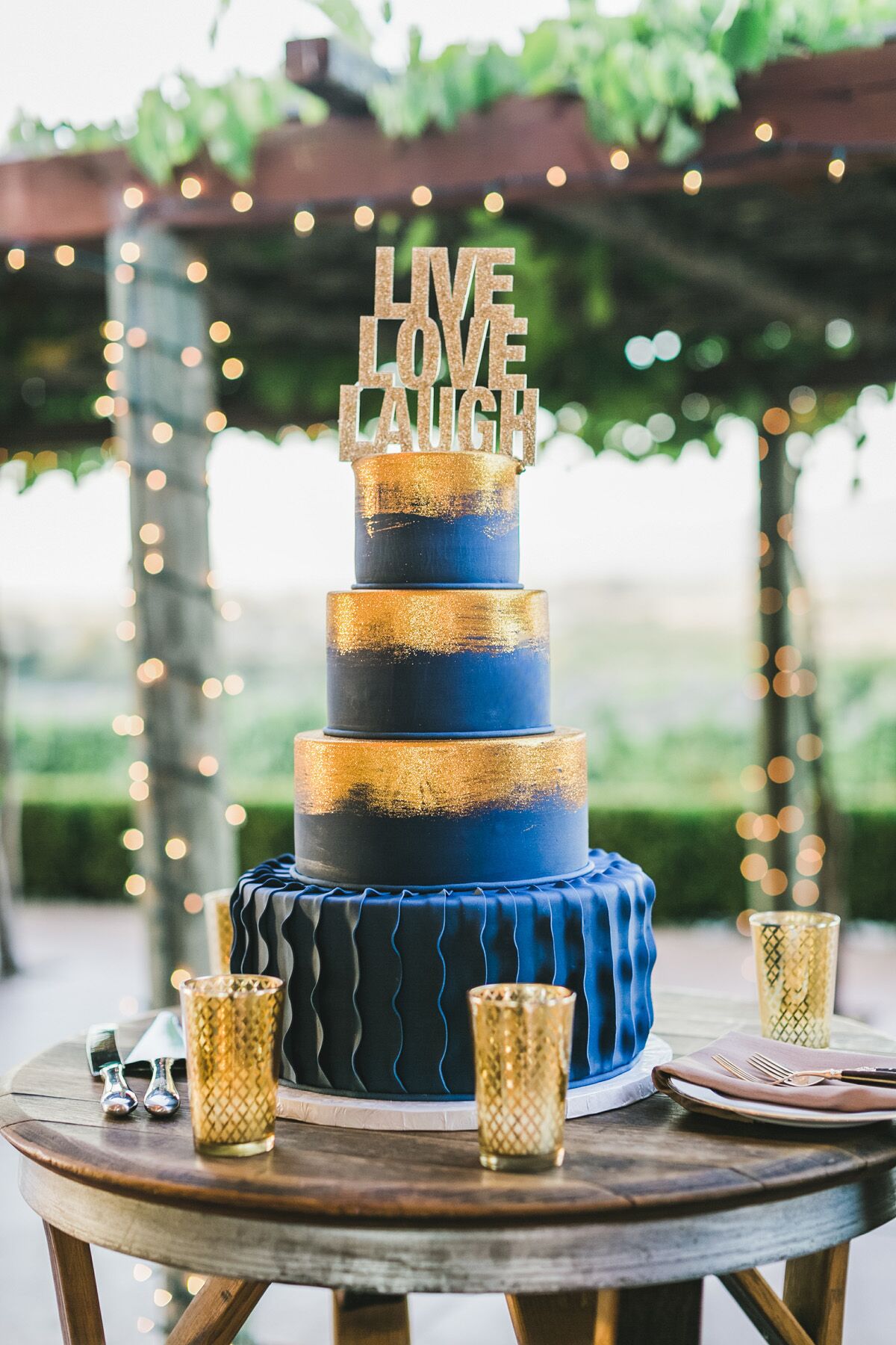 Gold and Blue Fondant Wedding Cake