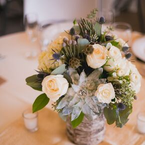 Simple, Rustic White Rose and Wood Centerpieces