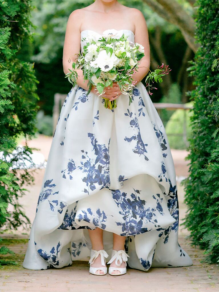 Bride in blue and white wedding dress
