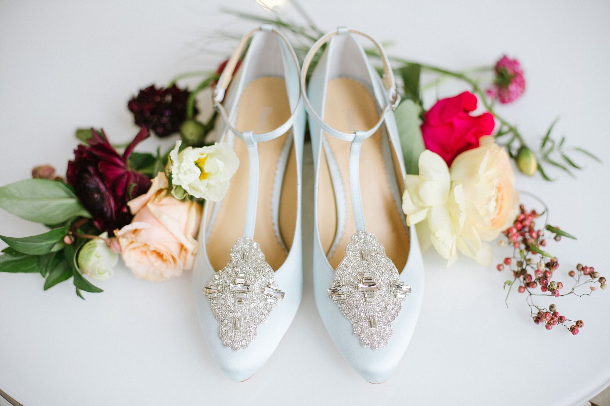 Embellished Icy Blue Ankle Strap Flats