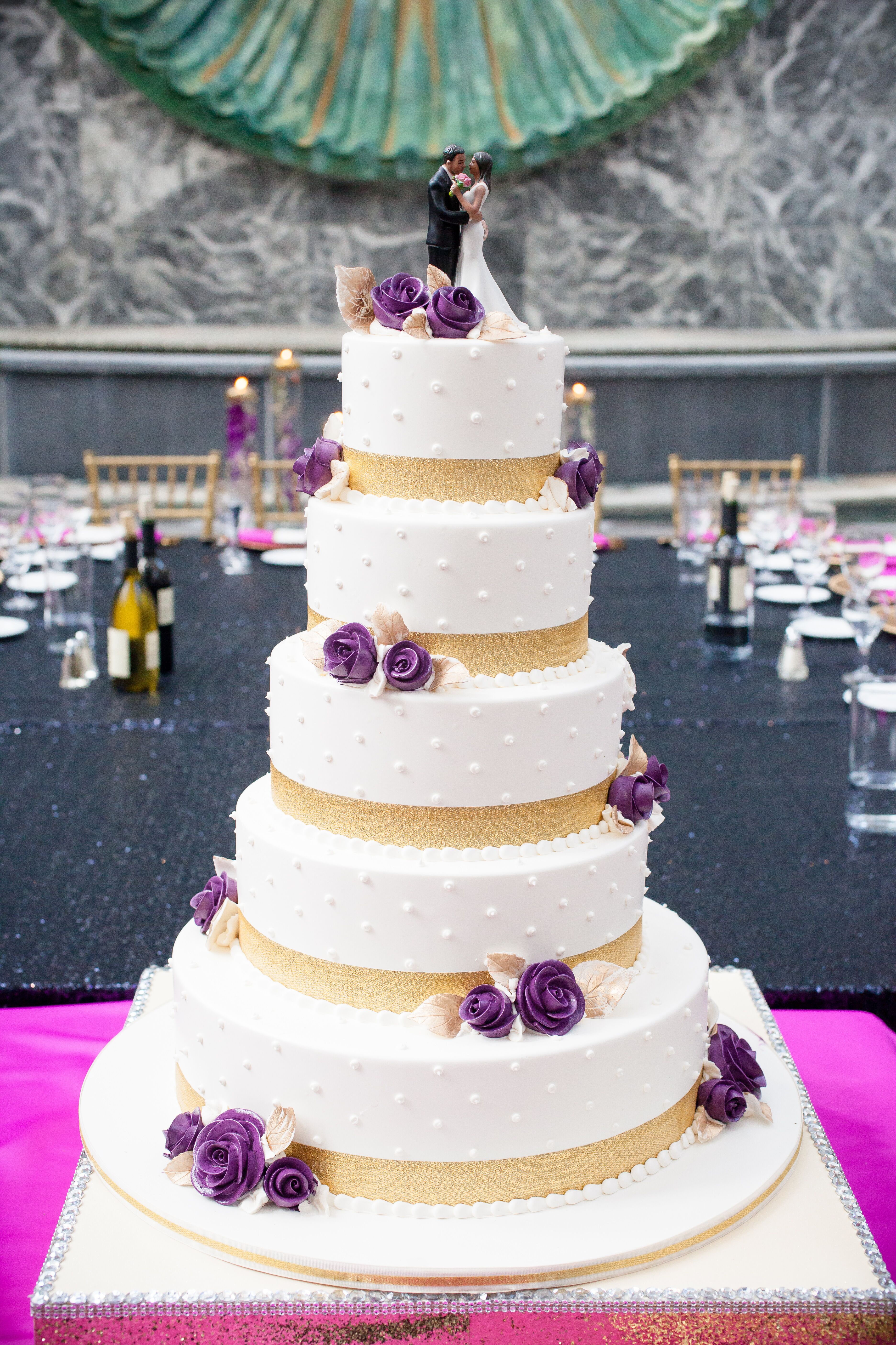 Five Tier White Gold and Purple Wedding Cake