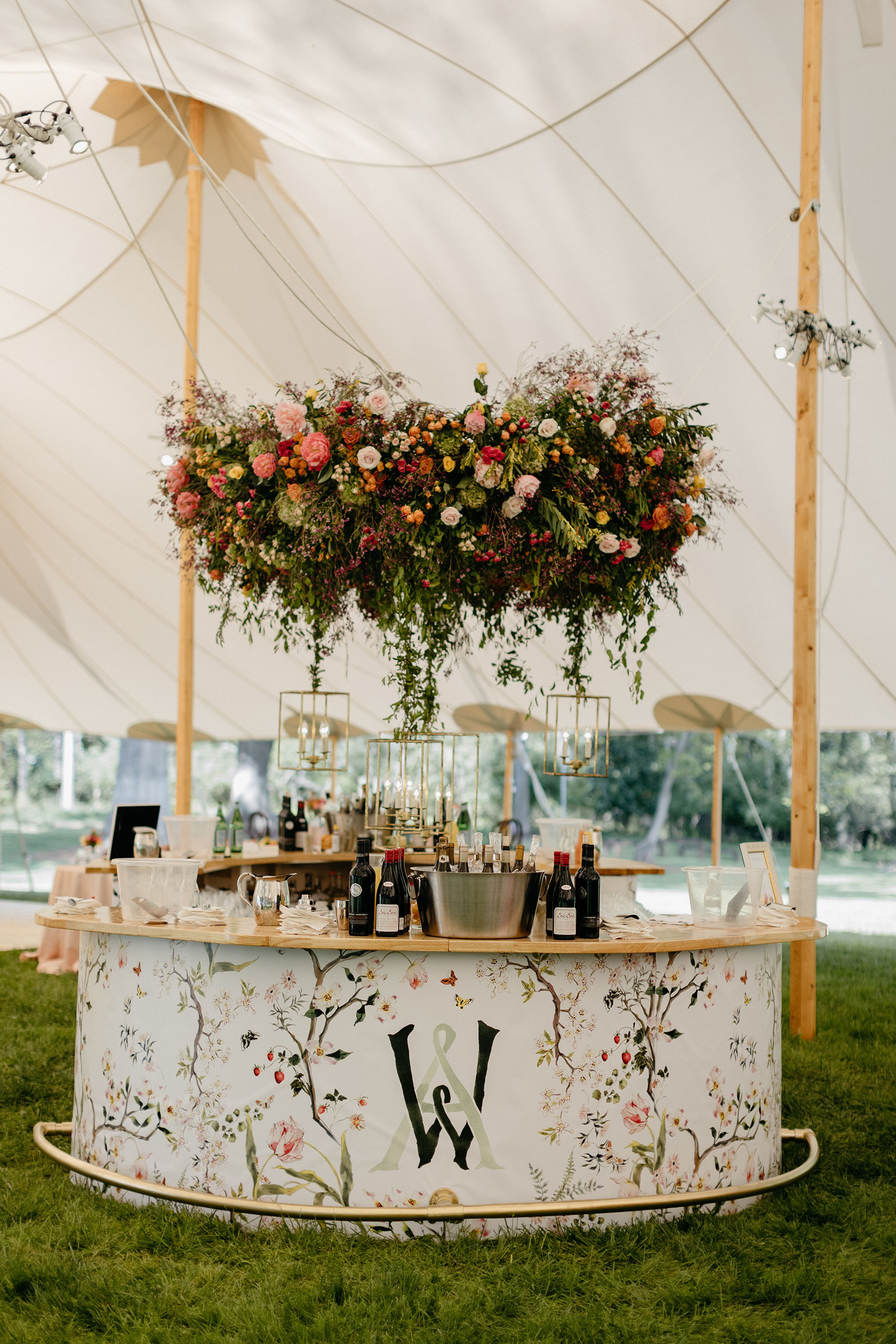 Reception Bar With Floral Chandelier and Custom Monogrammed Floral Bar ...