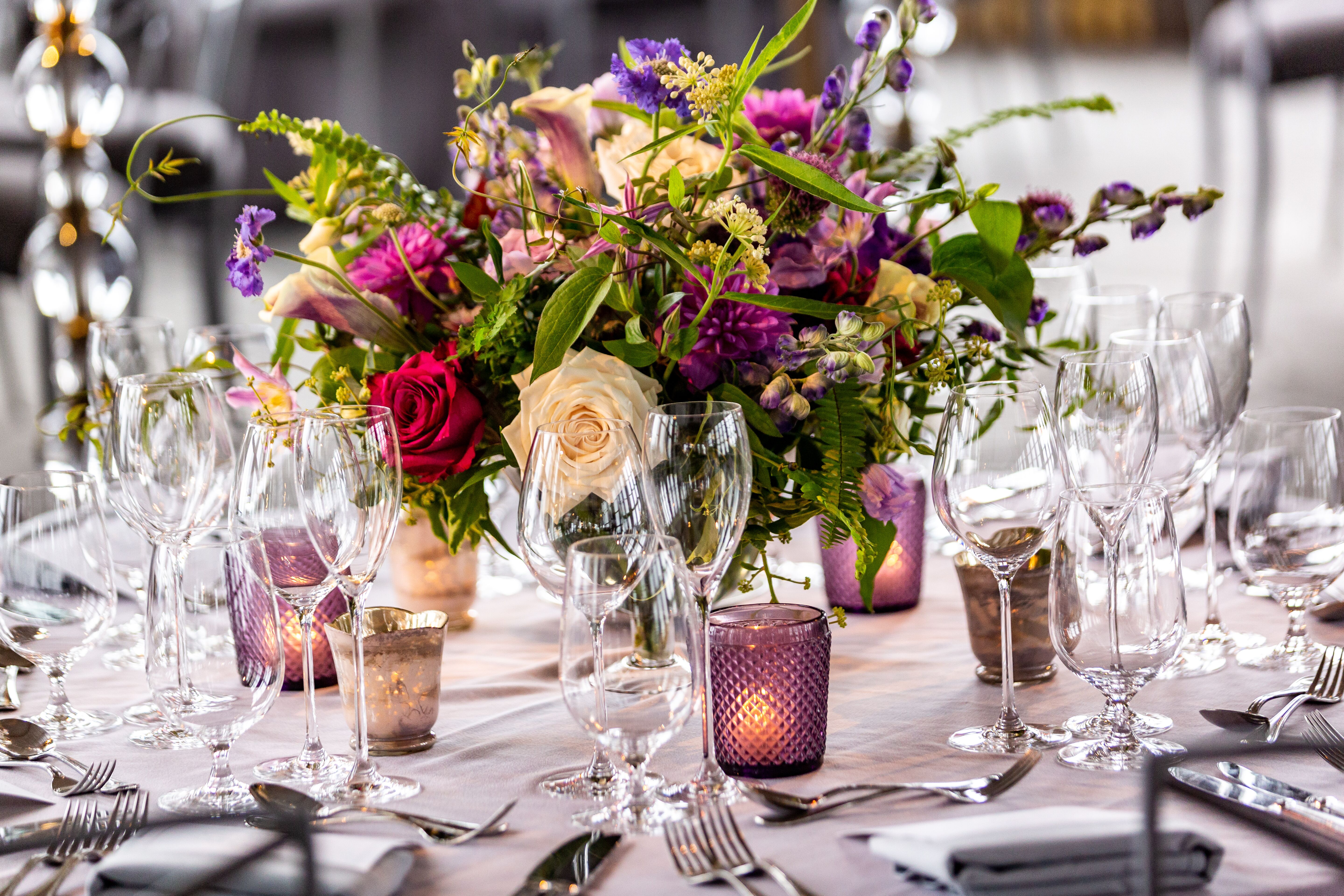 Purple Wildflower and Rose Centerpieces