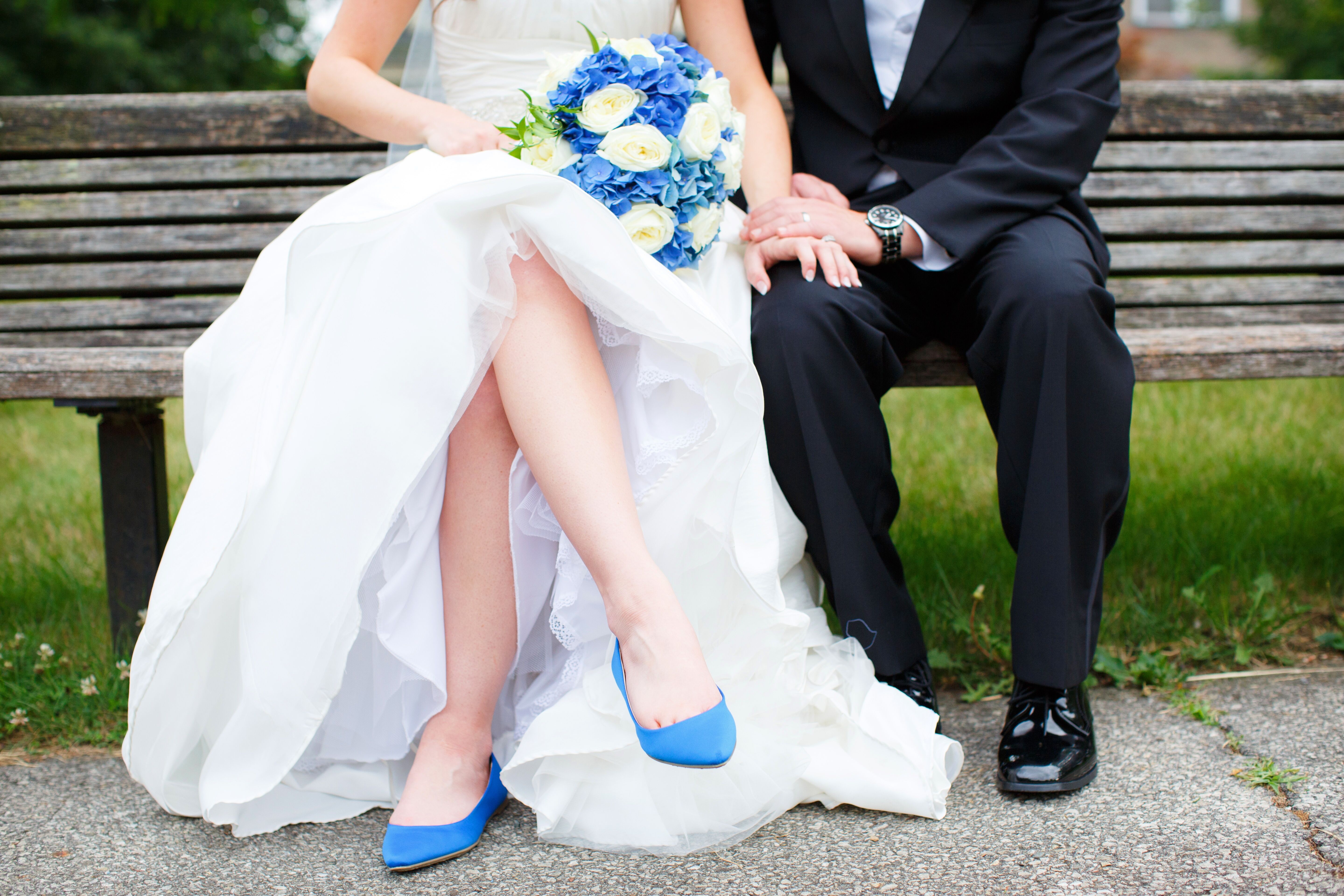 White dress with shop royal blue shoes