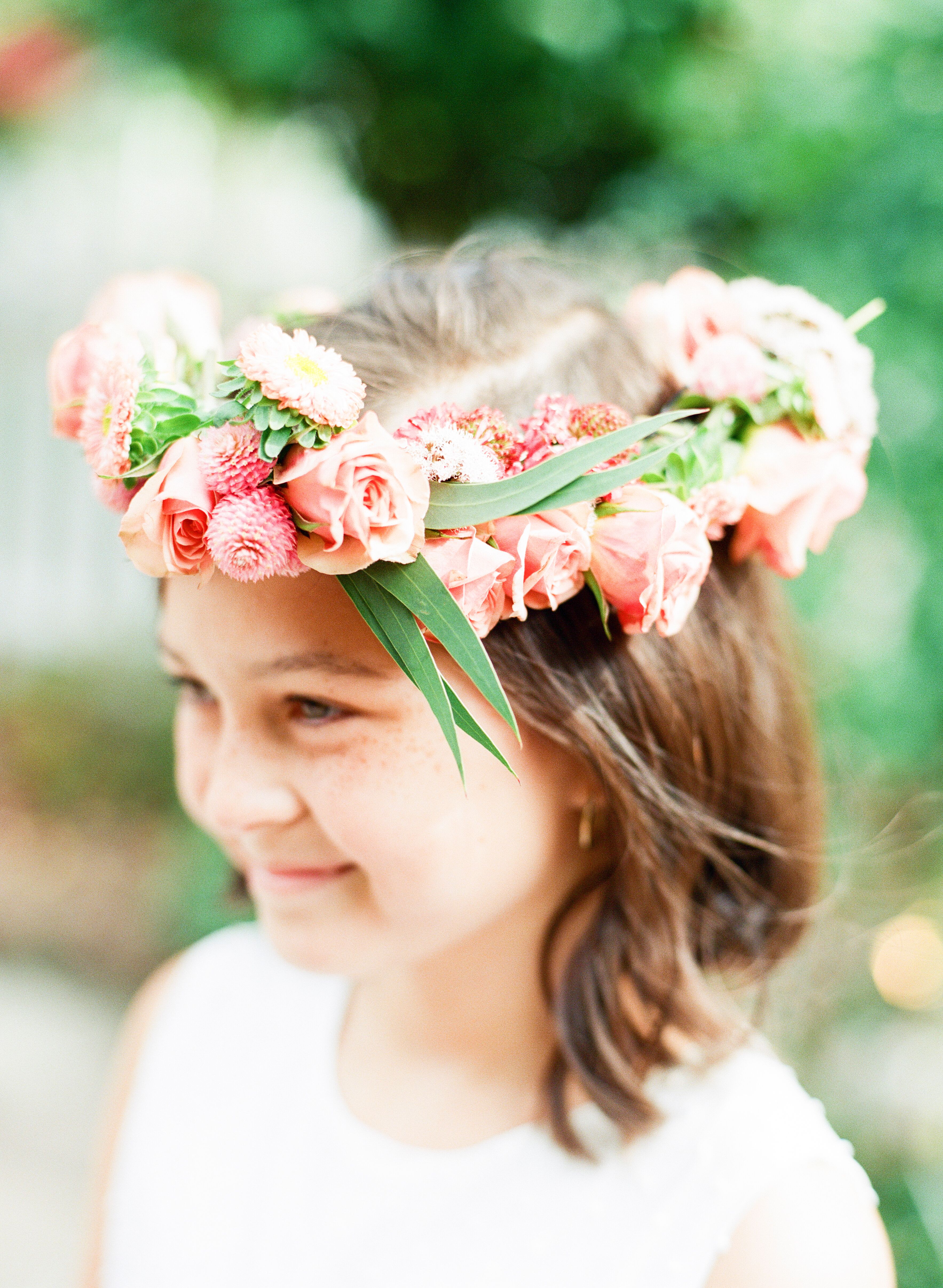 Flower Girl Hair Wreaths with Pink Roses, Aster and Scabiosa