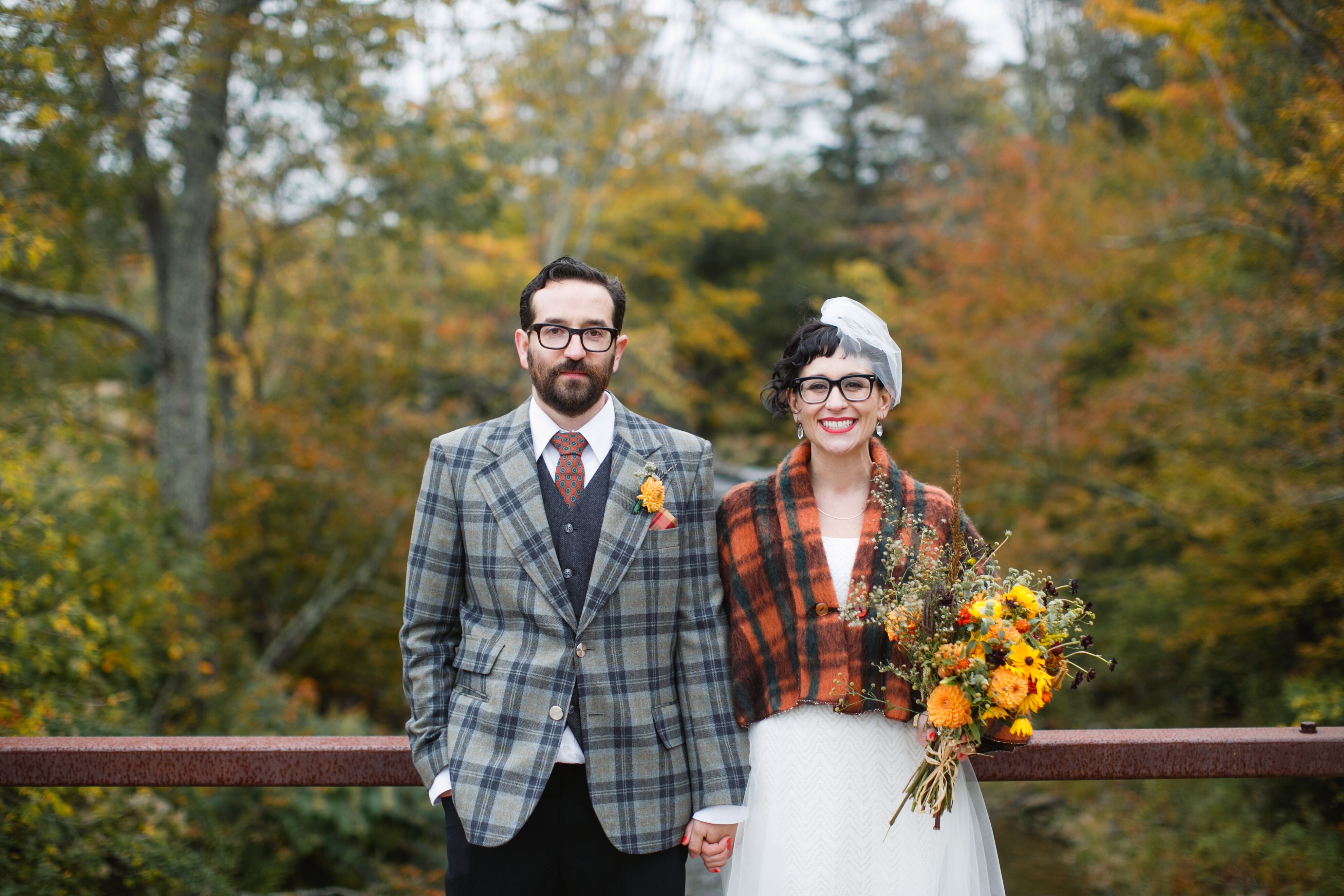 Bride in Classic Short Gown Groom in Vintage Plaid Suit