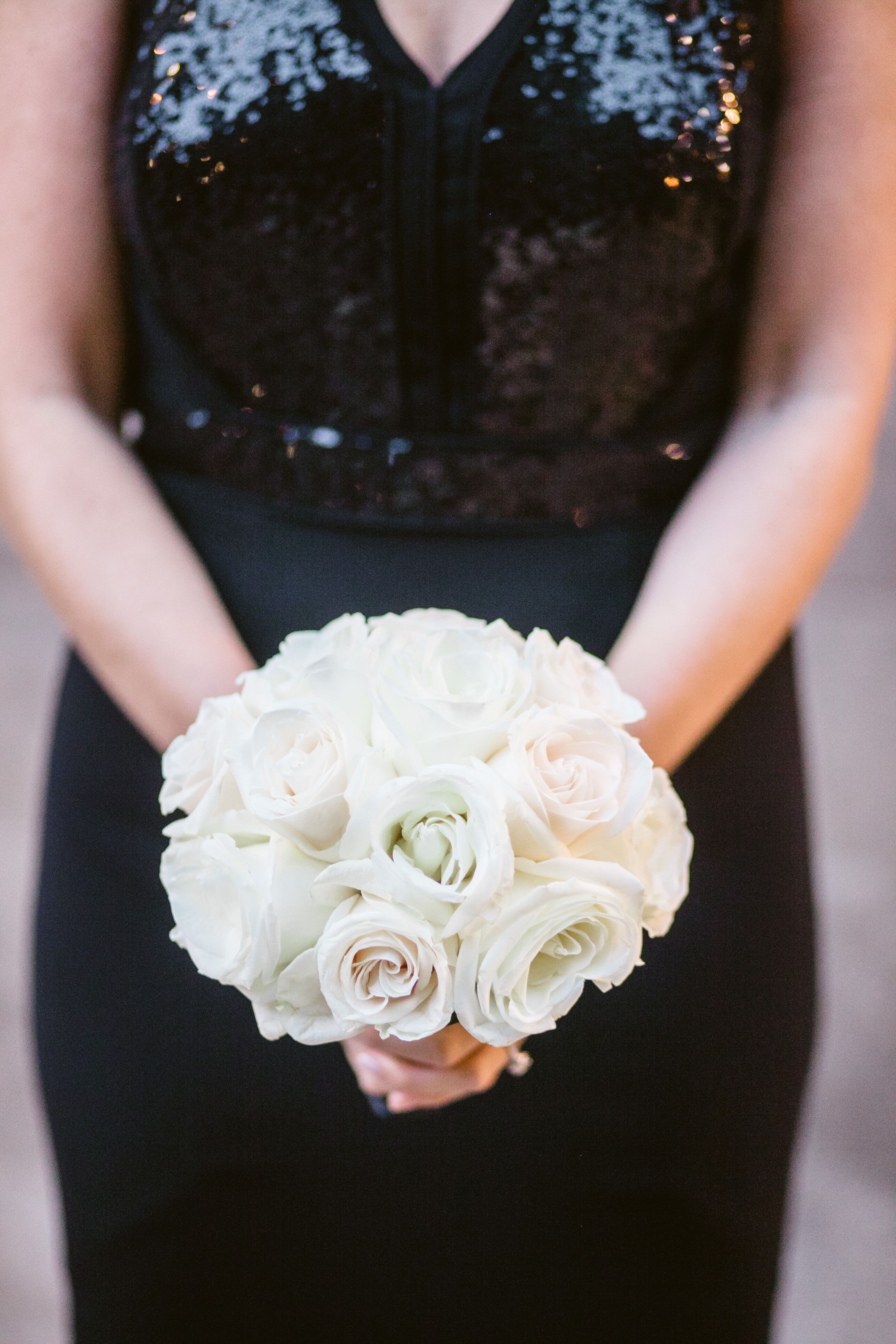 black dress with white roses