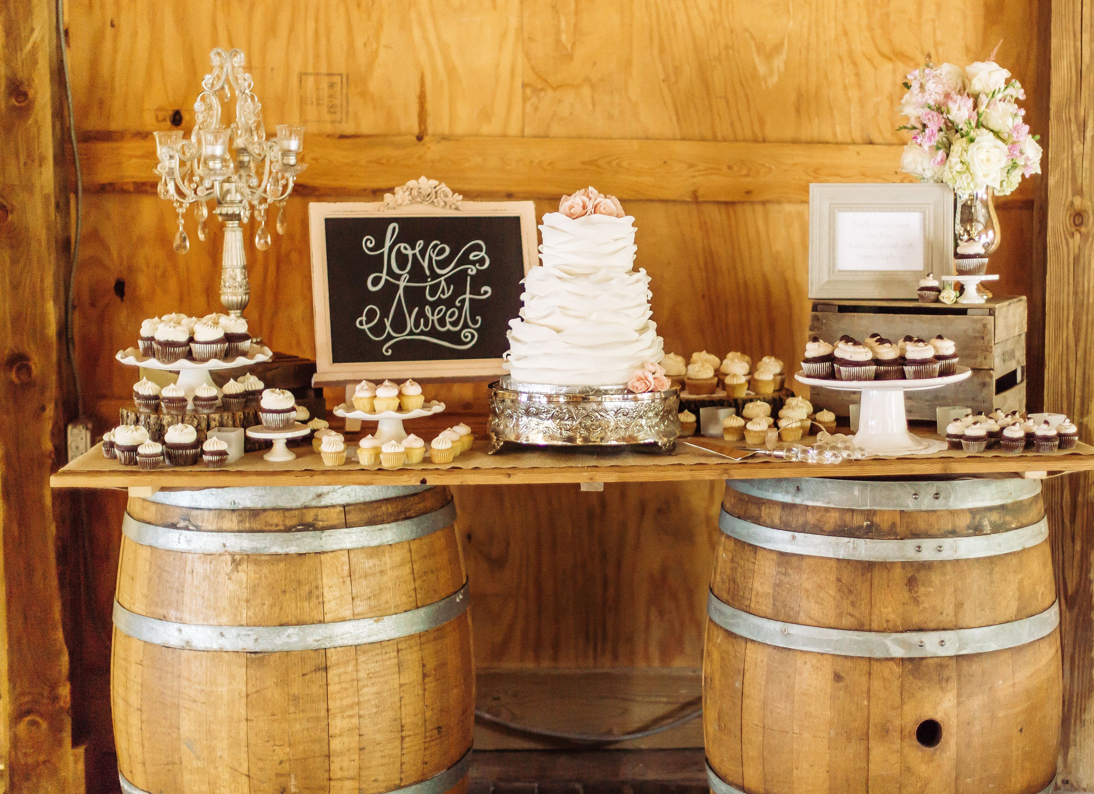 Rustic Dessert Table with Cupcakes and Wedding Cake