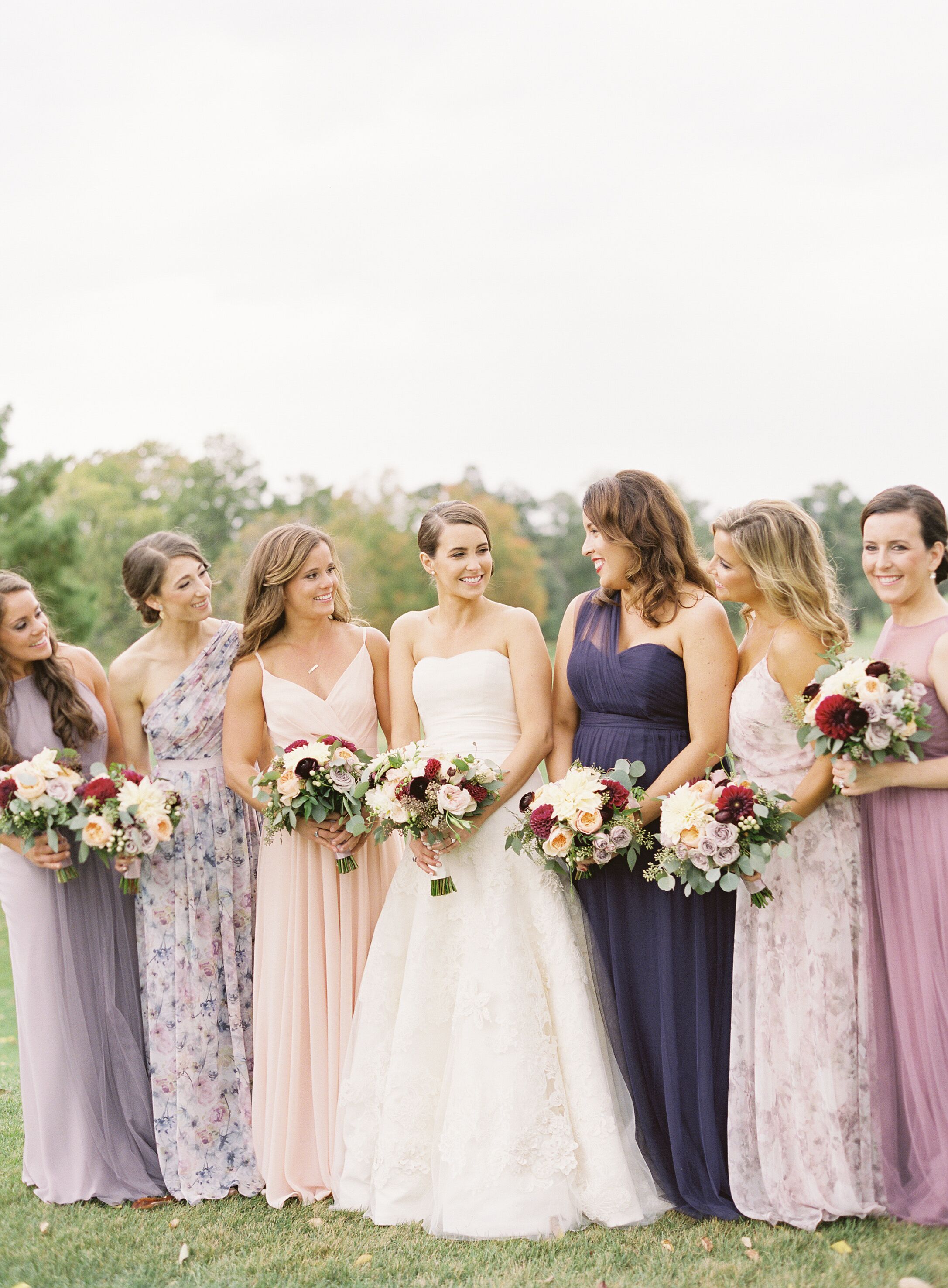 Bridesmaids in Mismatched Pastel Gowns