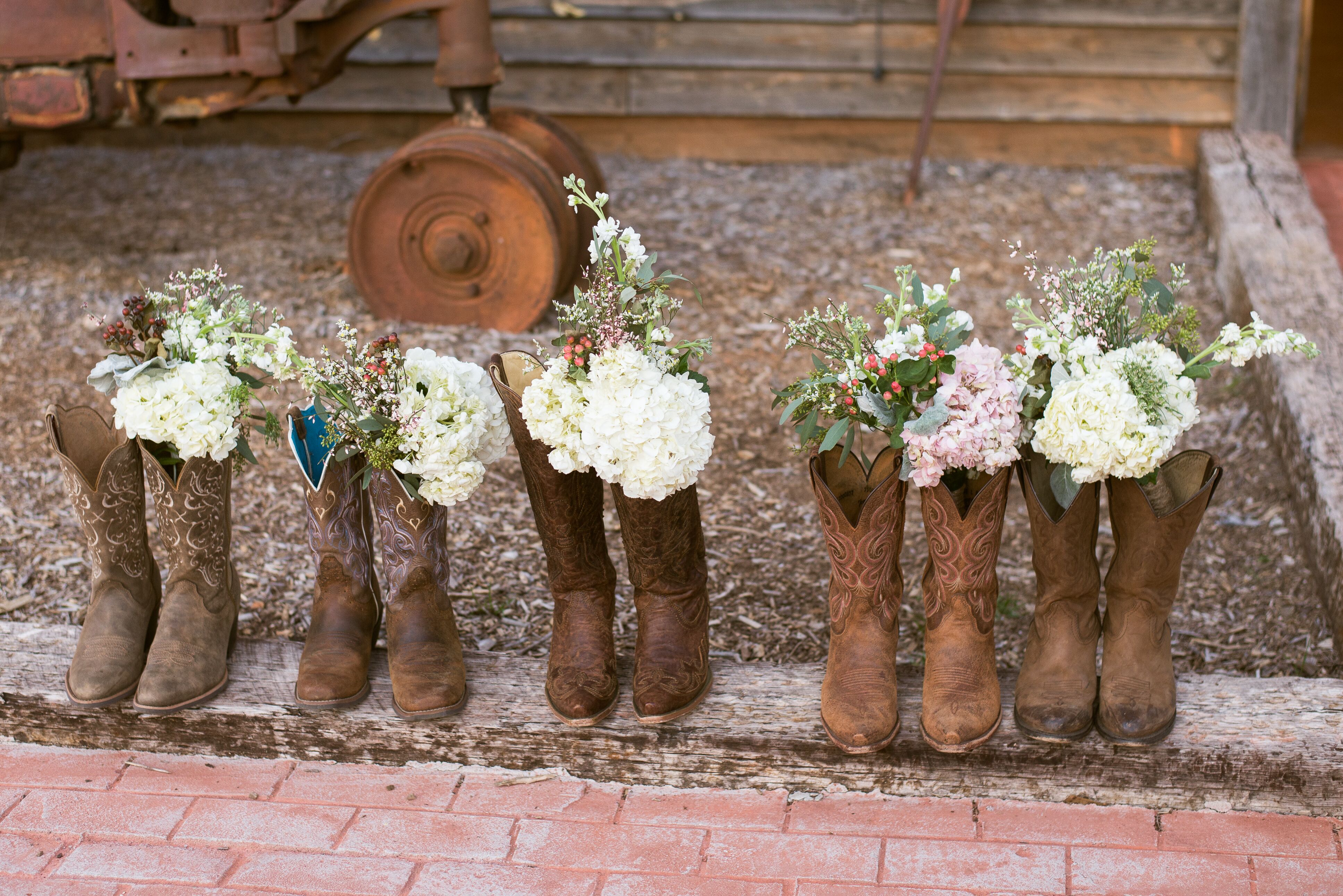 Bridesmaids Country Boots with White Bouquets