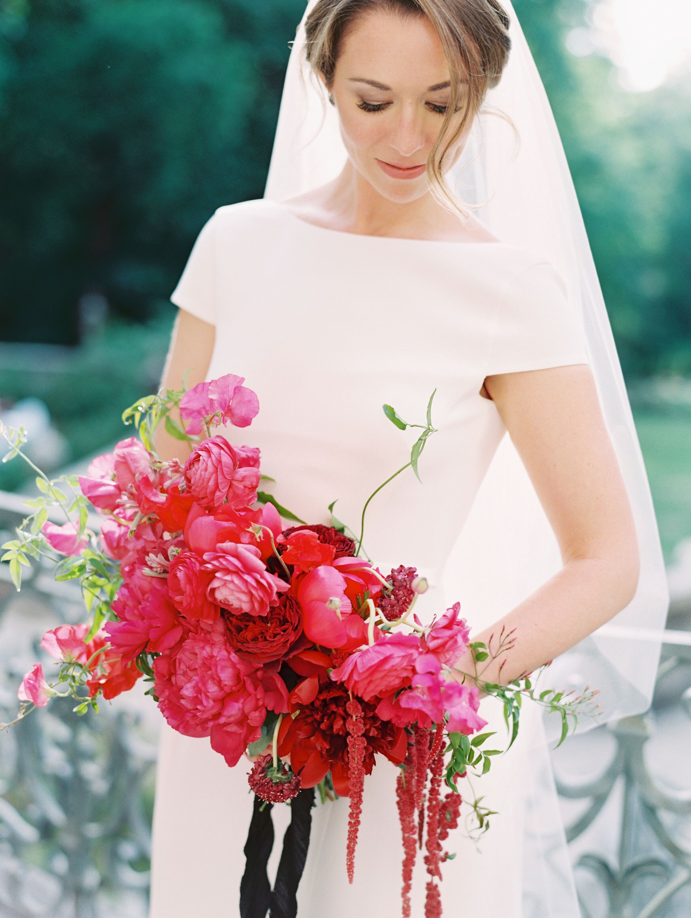 Modern, Short-sleeve Wedding Dress with Striking Fuchsia Peony, Sweet ...