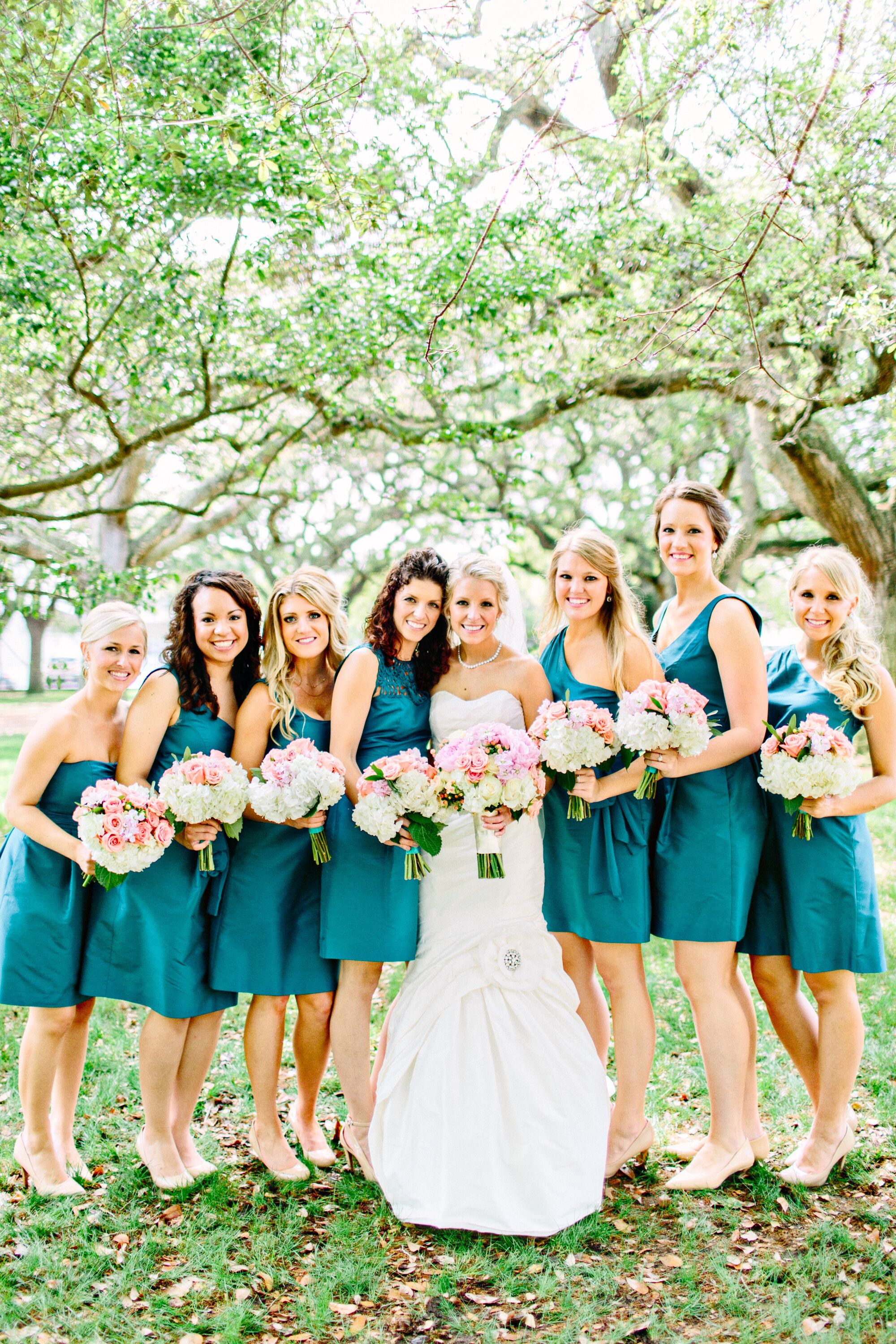 teal satin bridesmaid dresses