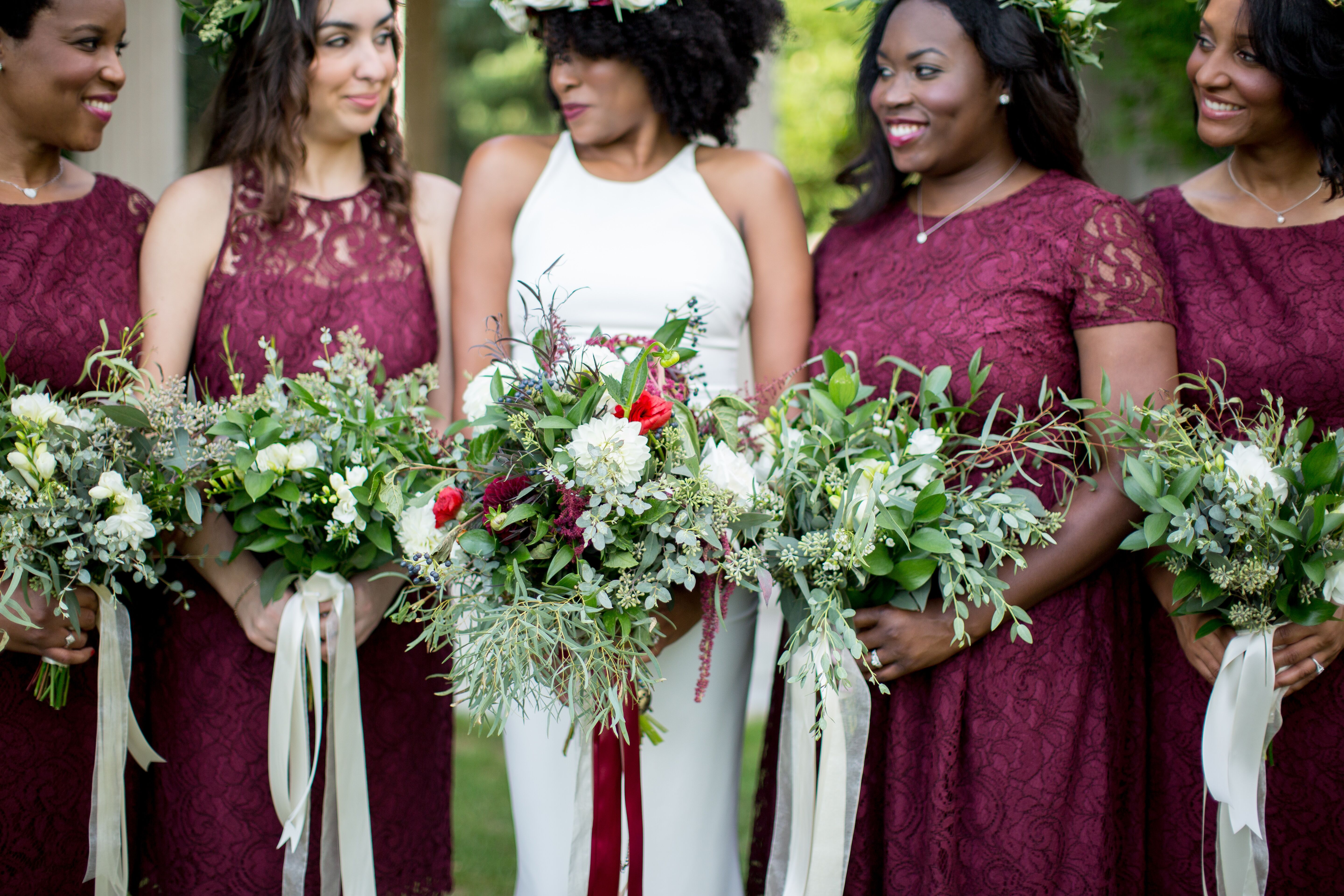 Floral burgundy hot sale bridesmaid dress