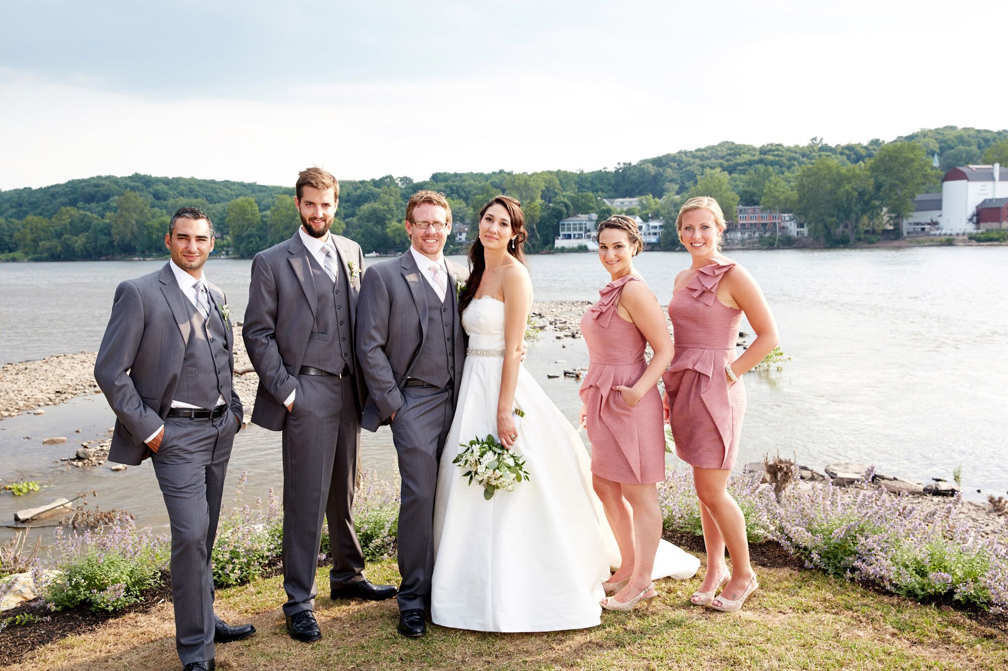 Pink for Bridesmaids and Light Grey Tuxedo with Pink Accessories for the  Groomsmen