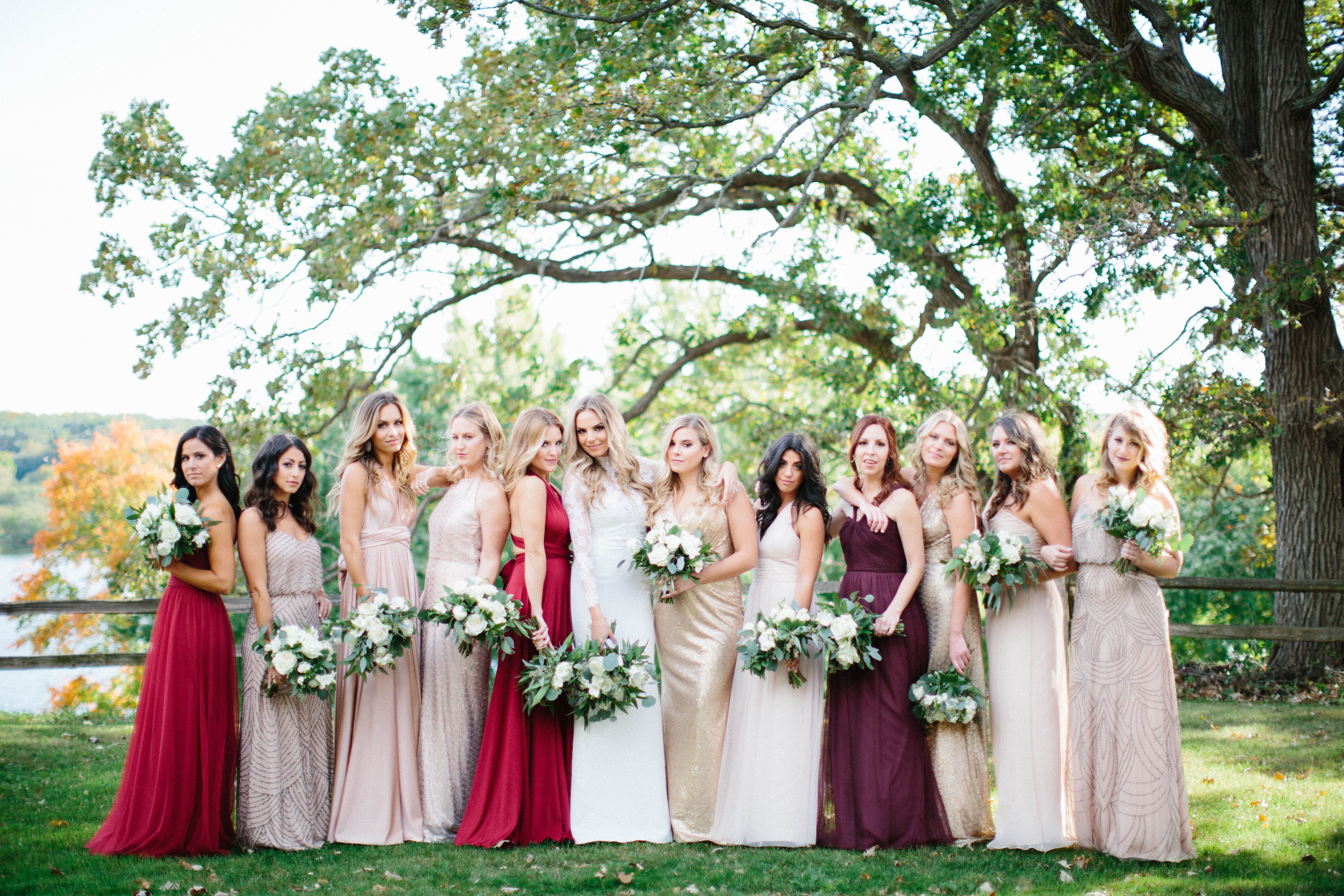 Maroon and 2025 gold bridesmaid dresses